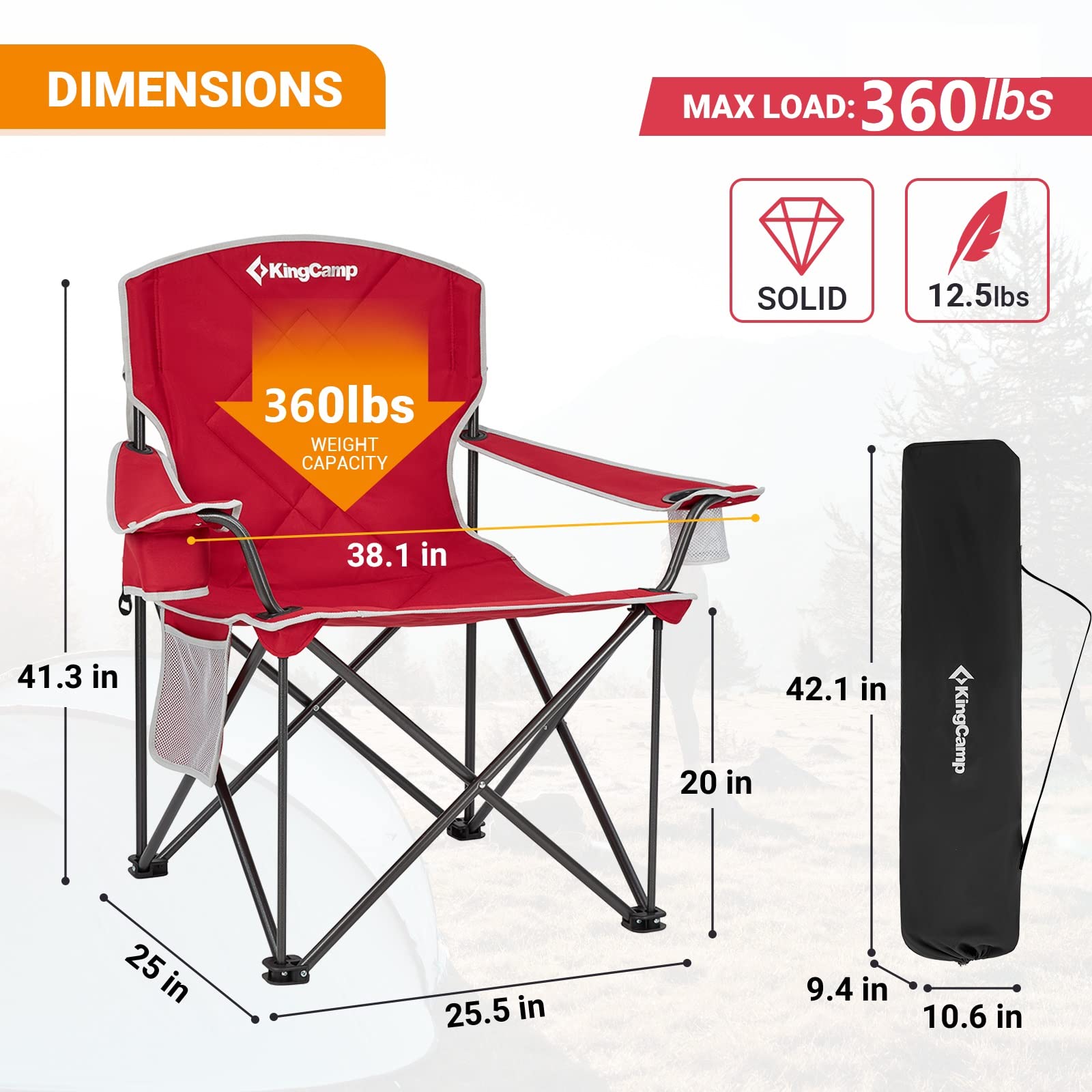 KingCamp Oversized Camping Chair - Heavy Duty Folding Chair for Adults, Extra Large Portable Padded Outdoor Chair XL Supports 330lbs - Perfect for Fishing, Sports, Picnics, Beach, Backyard, and Camping Trips