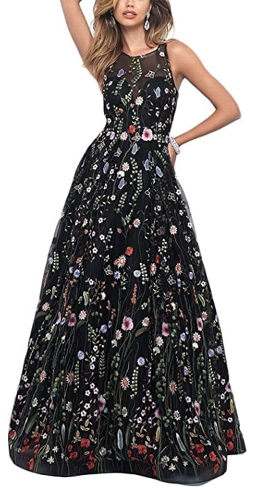 Honeydress Women's Embroidered Bohemian Long Sleeve Maxi Dress for Summer Beach Wedding Party & Vacation - Flowy Elegant Floral Print Boho Dress for Casual Outings and Special Occasions