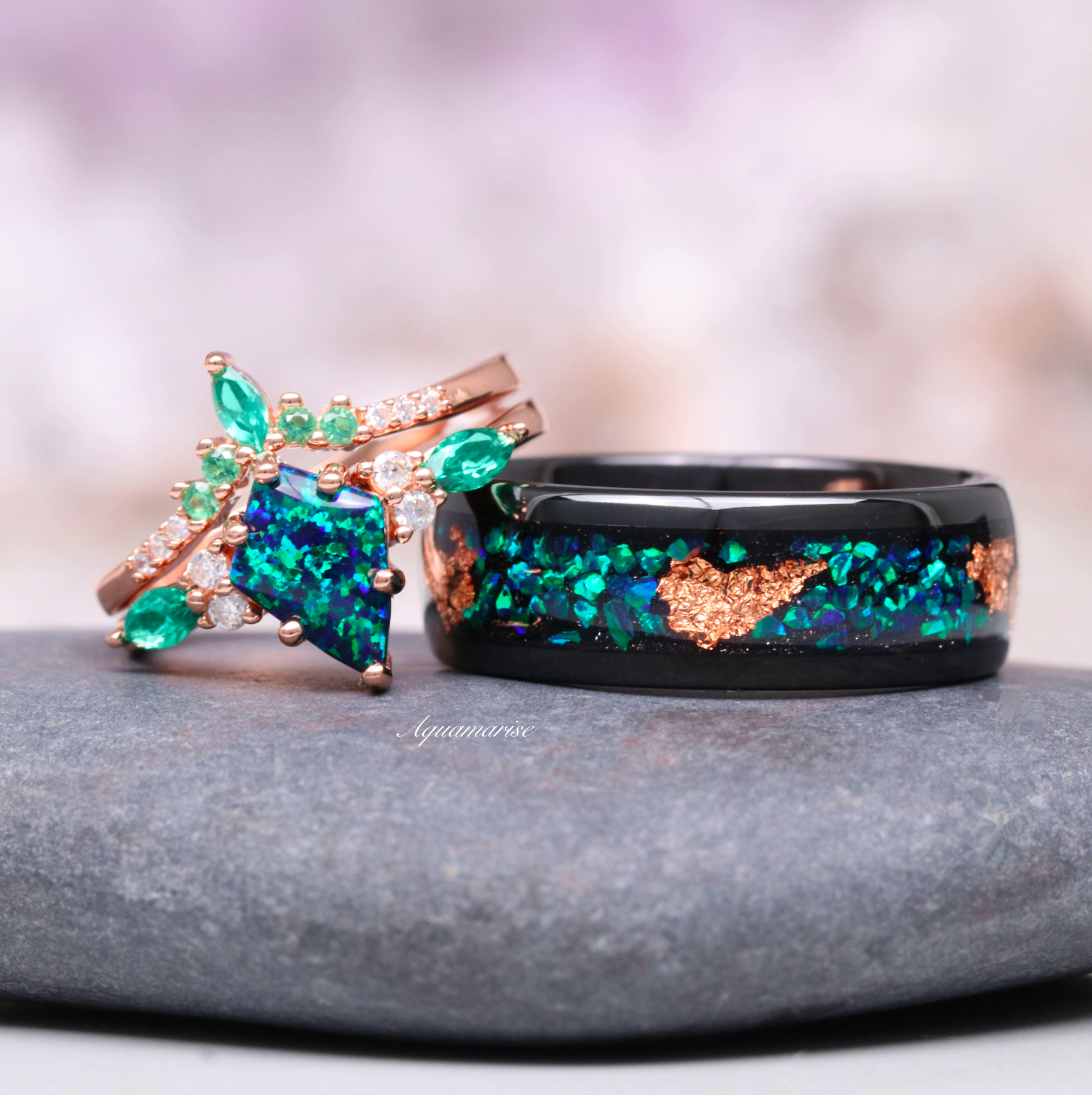 Skye Kite™ Peacock Opal & Emerald Engagement Ring Set - 14K Rose Gold Vermeil Wedding Band | Elegant Bridal Jewelry for Proposals, Anniversaries & Special Occasions