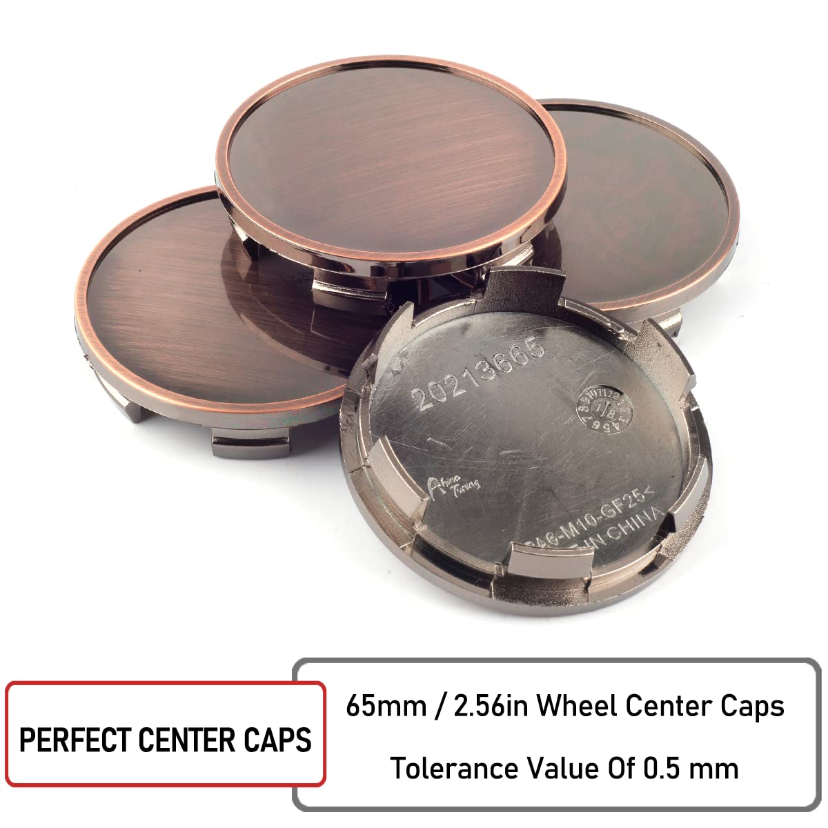 RhinoTuning 4-Piece Wheel Hub Center Caps - Compatible with Spoon Avus 2003, BR3Z-1130-B, TSW & JNC Wheels - 65mm (2.56in) & 59mm (2.32in) Red Copper Base - Perfect for Car Wheel Rim Protection & Custom Styling