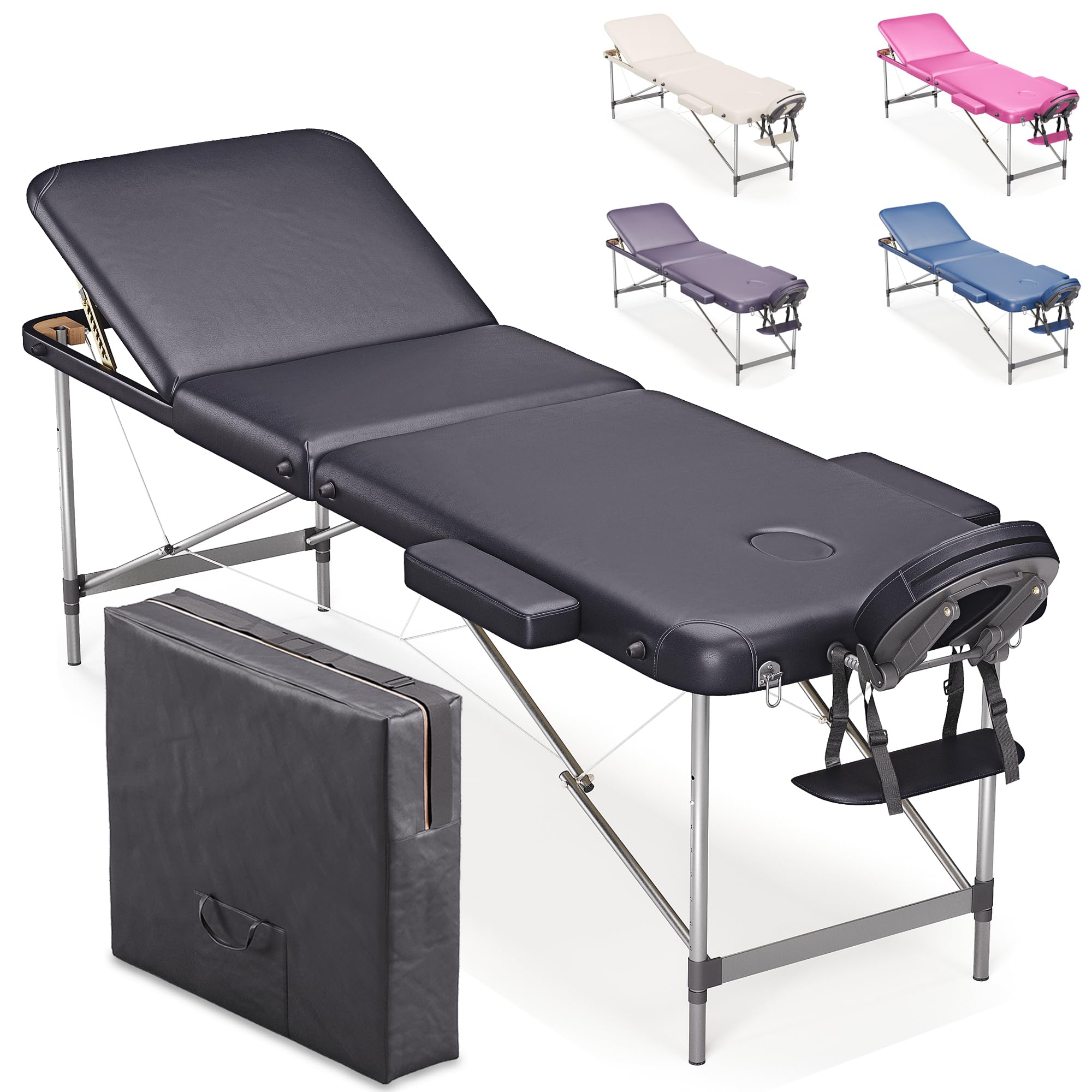 BELTOM® Portable 3-Zone Aluminum Massage Table with Carrying Bag - Black | Professional Aesthetic & Spa Therapy Bed for Home or Salon Use