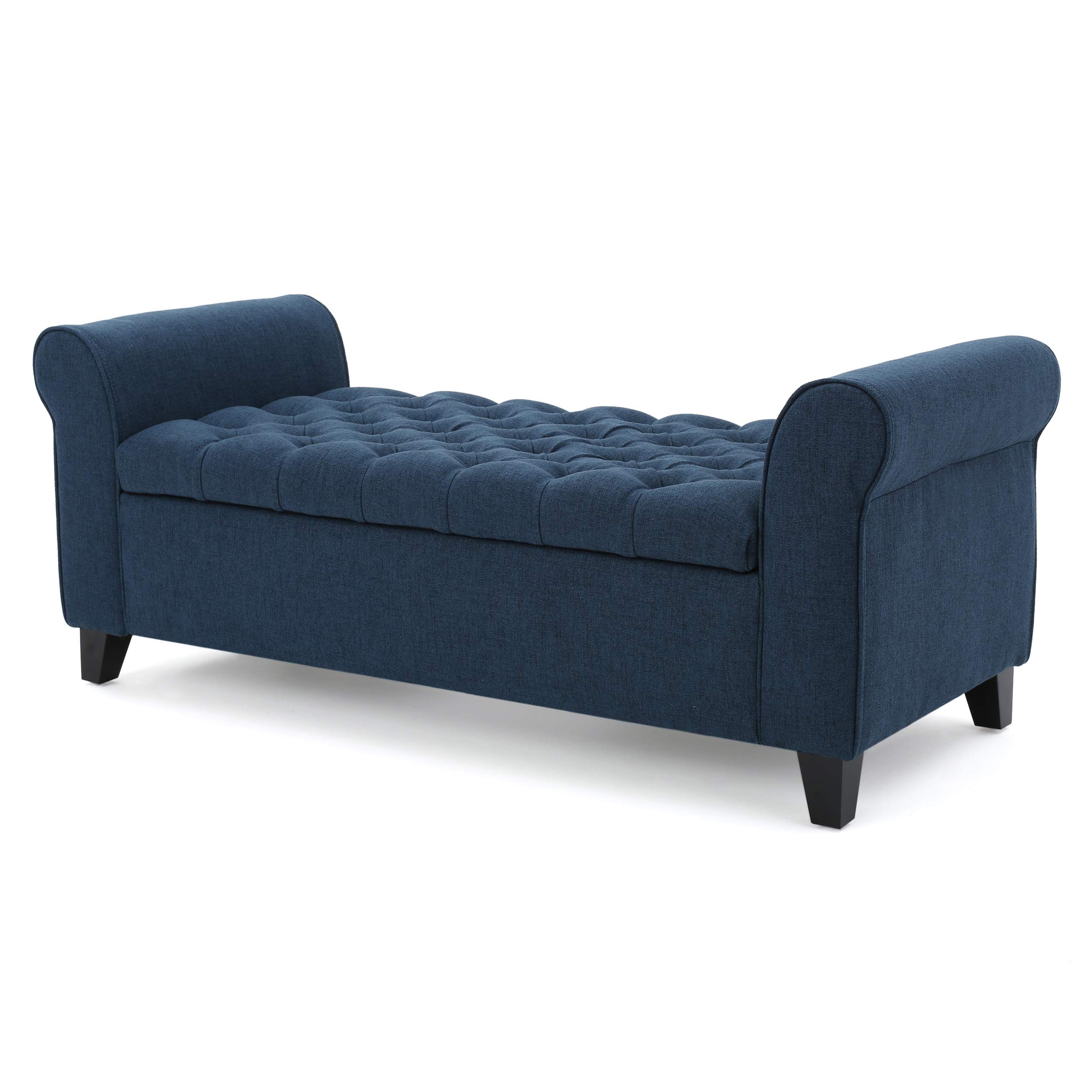 Christopher Knight Home Keiko Fabric Storage Bench with Arms - Dark Blue Upholstered Entryway Bench (19.75