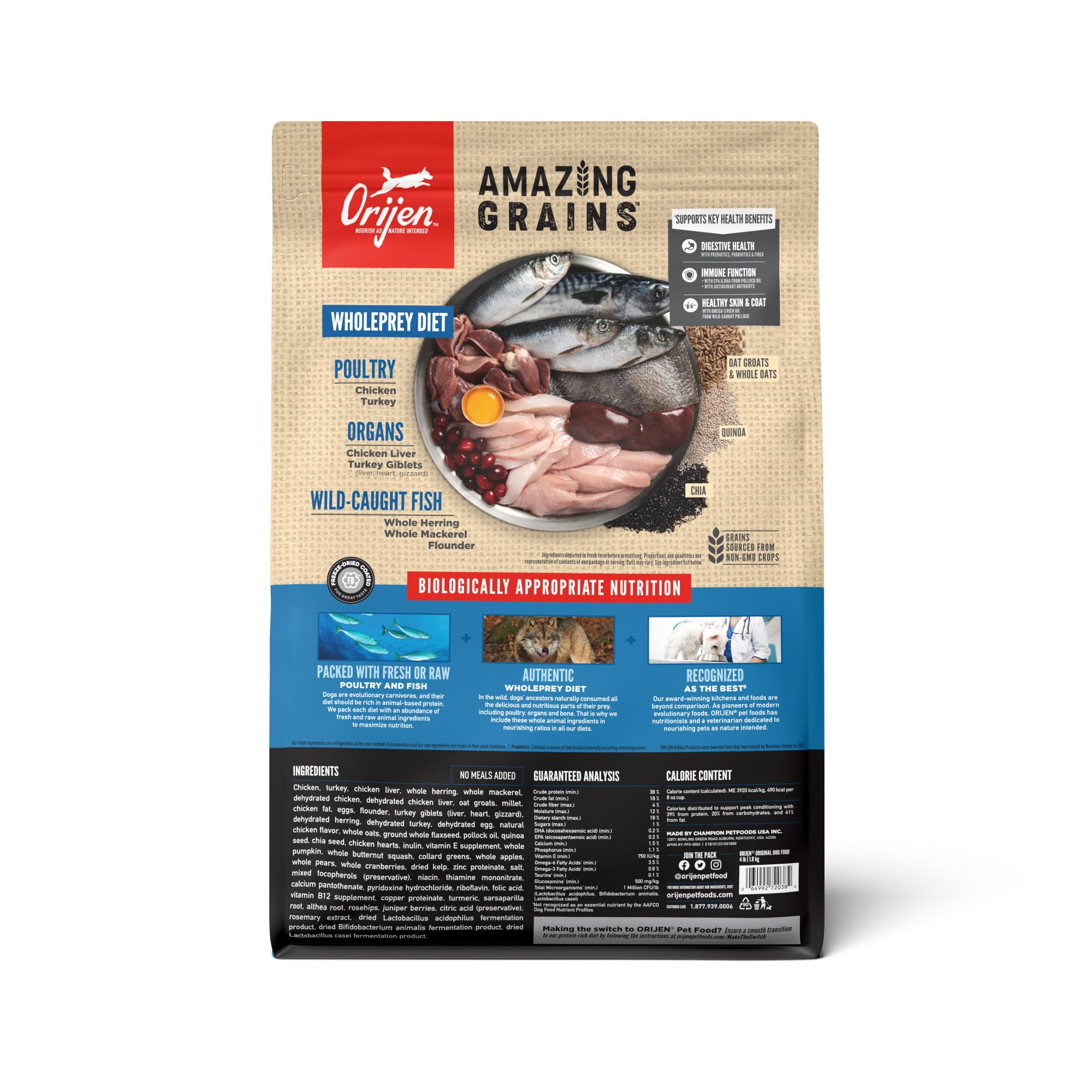 ORIJEN Amazing Grains Original Dry Dog Food - High Protein, Grain-Inclusive Kibble with Fresh & Raw Ingredients for Adult Dogs - Perfect for Active Pets & Training Rewards