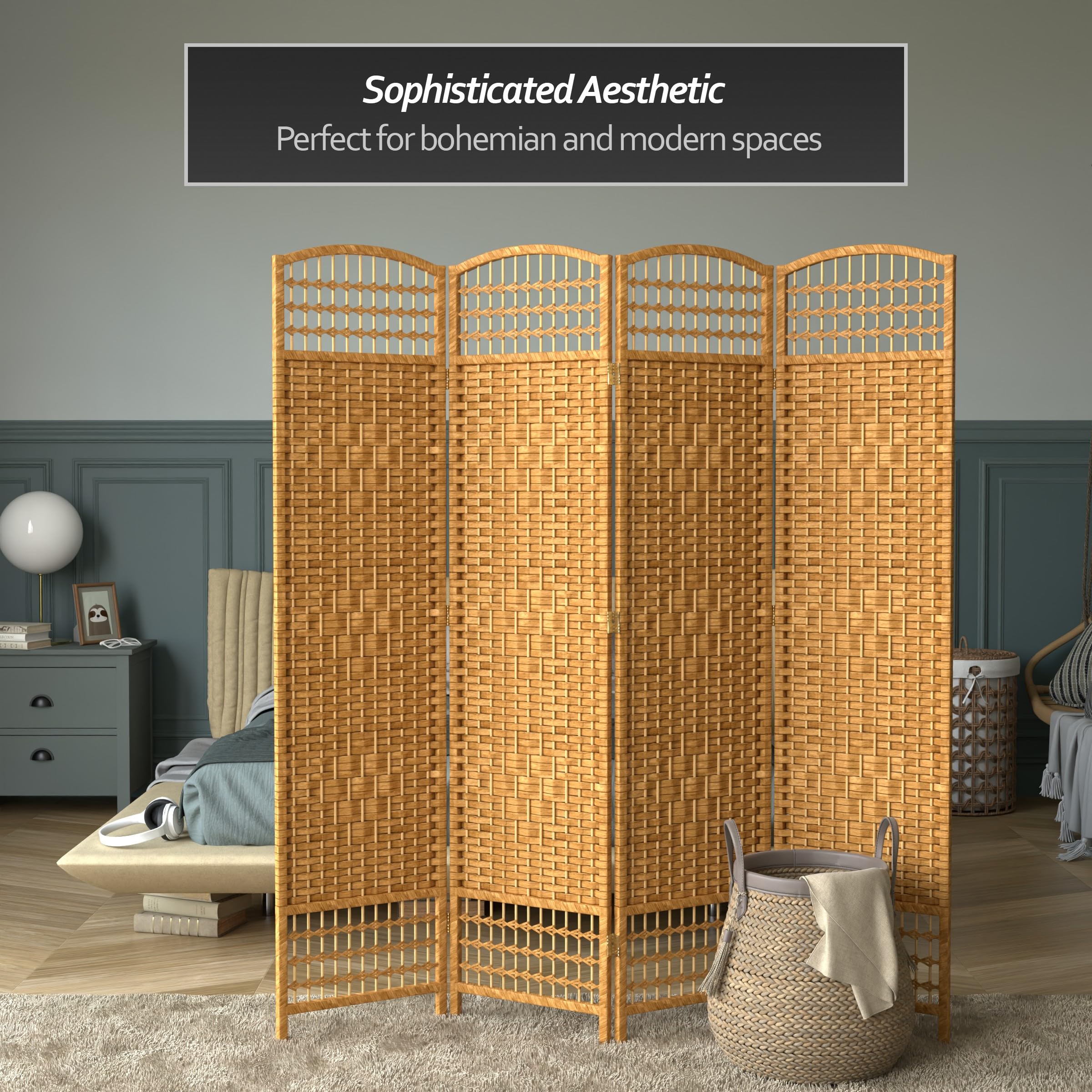5.5 ft Tall Red Lantern Fiber Weave Light Beige Room Divider - 4 Panel Folding Screen for Home, Office, and Event Decor