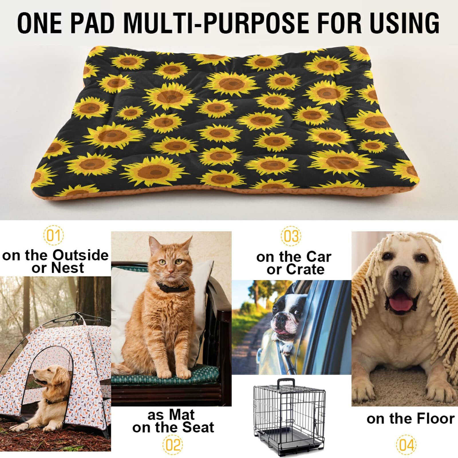 Beautiful Sunflower Pet Bed - Ultra Soft Rectangle Dog Bed & Cat Bed for Small to Medium Pets, 24x18 Inch - Cozy Calming Bed for Dogs & Cats, Perfect for Living Room, Bedroom, or Crate