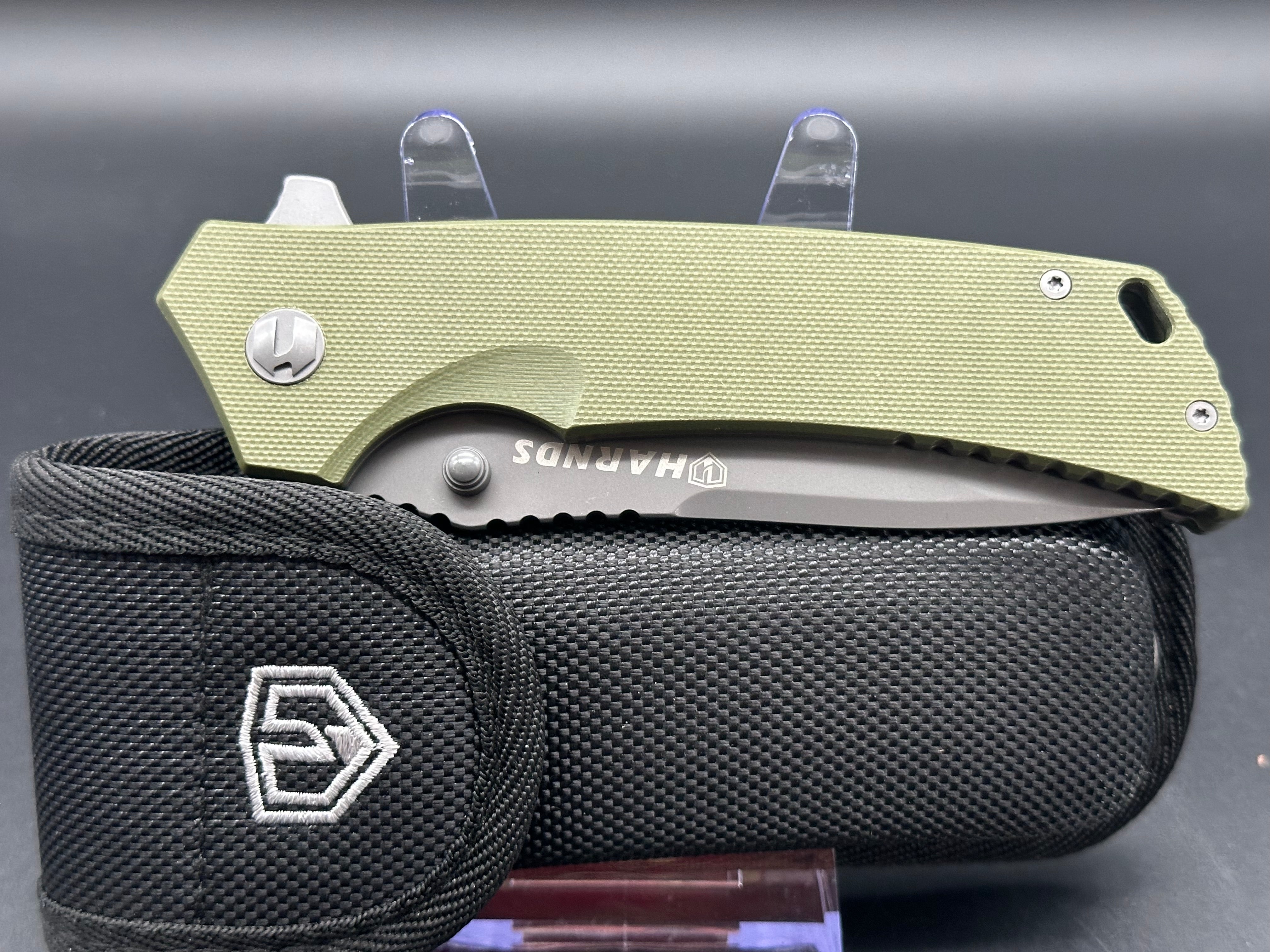 HARNDS Warrior Folding Knife - D2 Steel Blade, Green G10 Handle, Plain Edge - EDC Pocket Knife for Camping, Hiking & Outdoor Survival