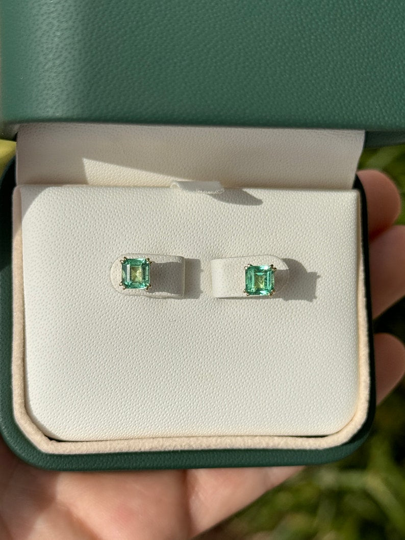 1.73tcw 14K Gold Vivid Electric Green Emerald Asscher Cut Stud Earrings - Double Claw Prong Setting for Secure Wear | Perfect for Weddings, Parties & Everyday Elegance