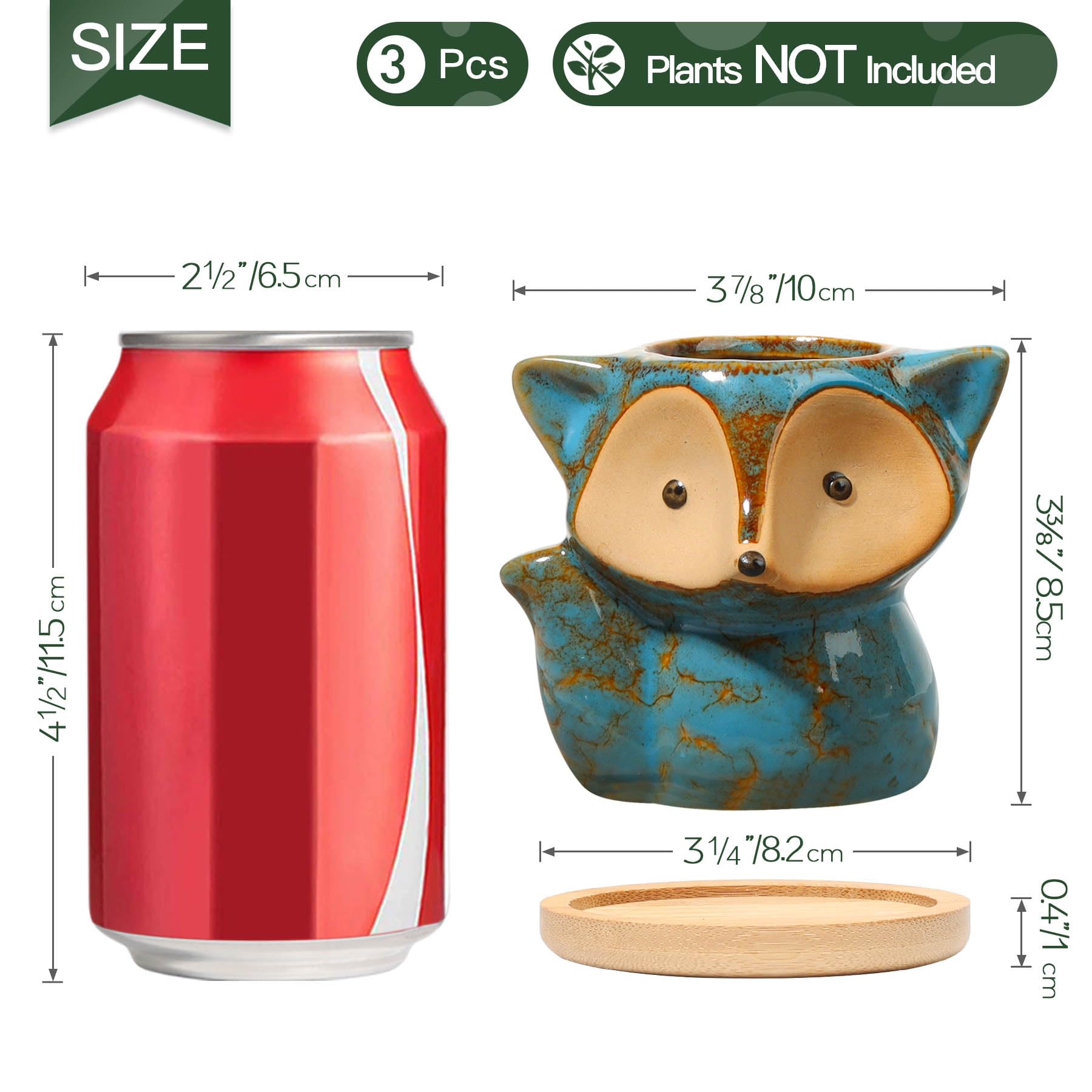 Fox Shaped Ceramic Succulent Planter Pot Set of 3 with Bamboo Tray - Cute Cactus Plant Pots for Home, Office Desk Decor - Birthday & Wedding Gift Idea - Transmutation Glaze Design for Indoor Plants & Succulent Lovers