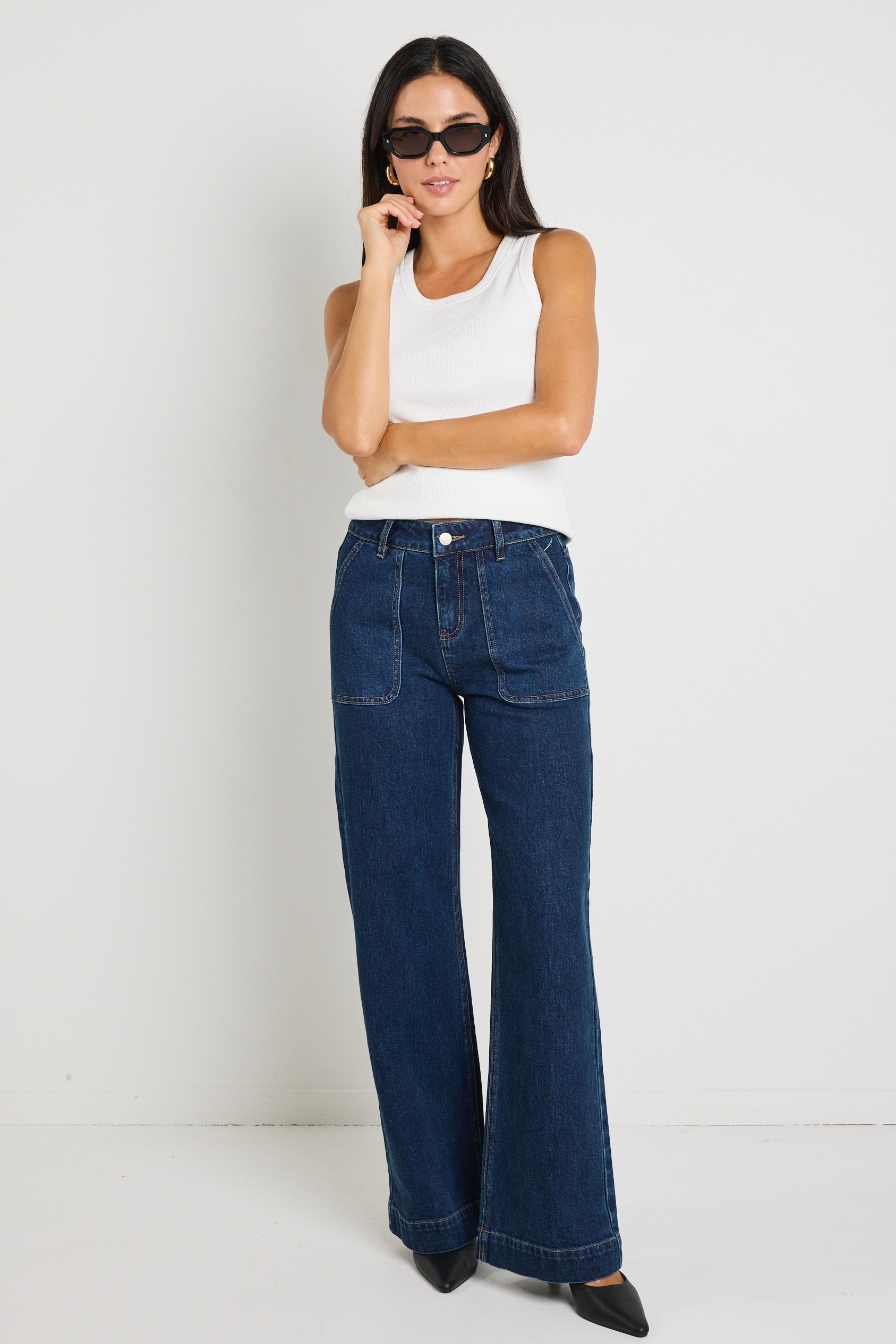 Indigo Mid Rise Wide Leg Jeans for Women with Front Pockets - Comfortable Stretch Denim Pants for Casual Wear & Everyday Outfits
