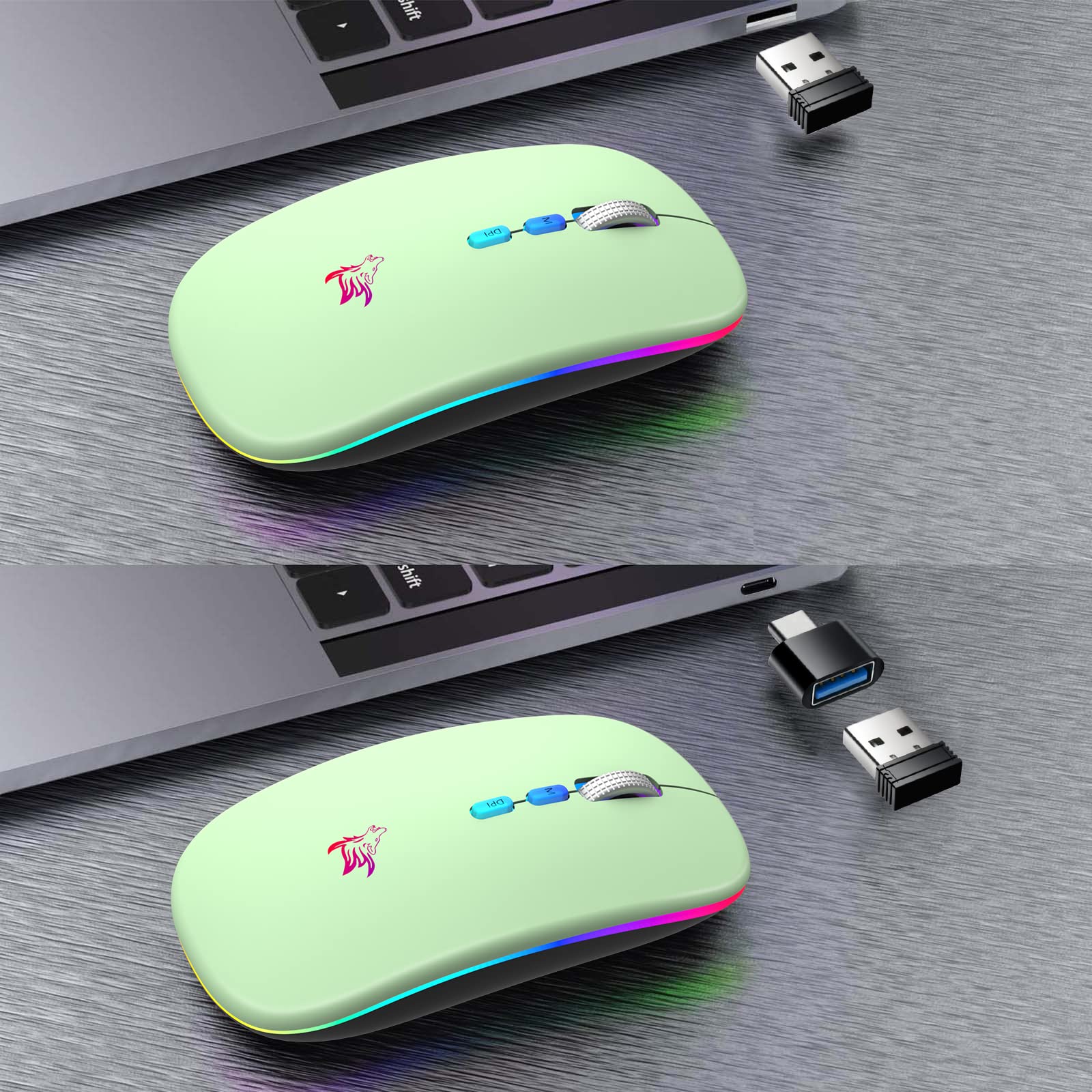 Hotlife Wireless Rechargeable Bluetooth Mouse - Ergonomic Silent Optical Mouse with USB Receiver & Type C Adapter (Green) | Perfect for Office, Home & Travel Use on Laptop, PC, MacBook