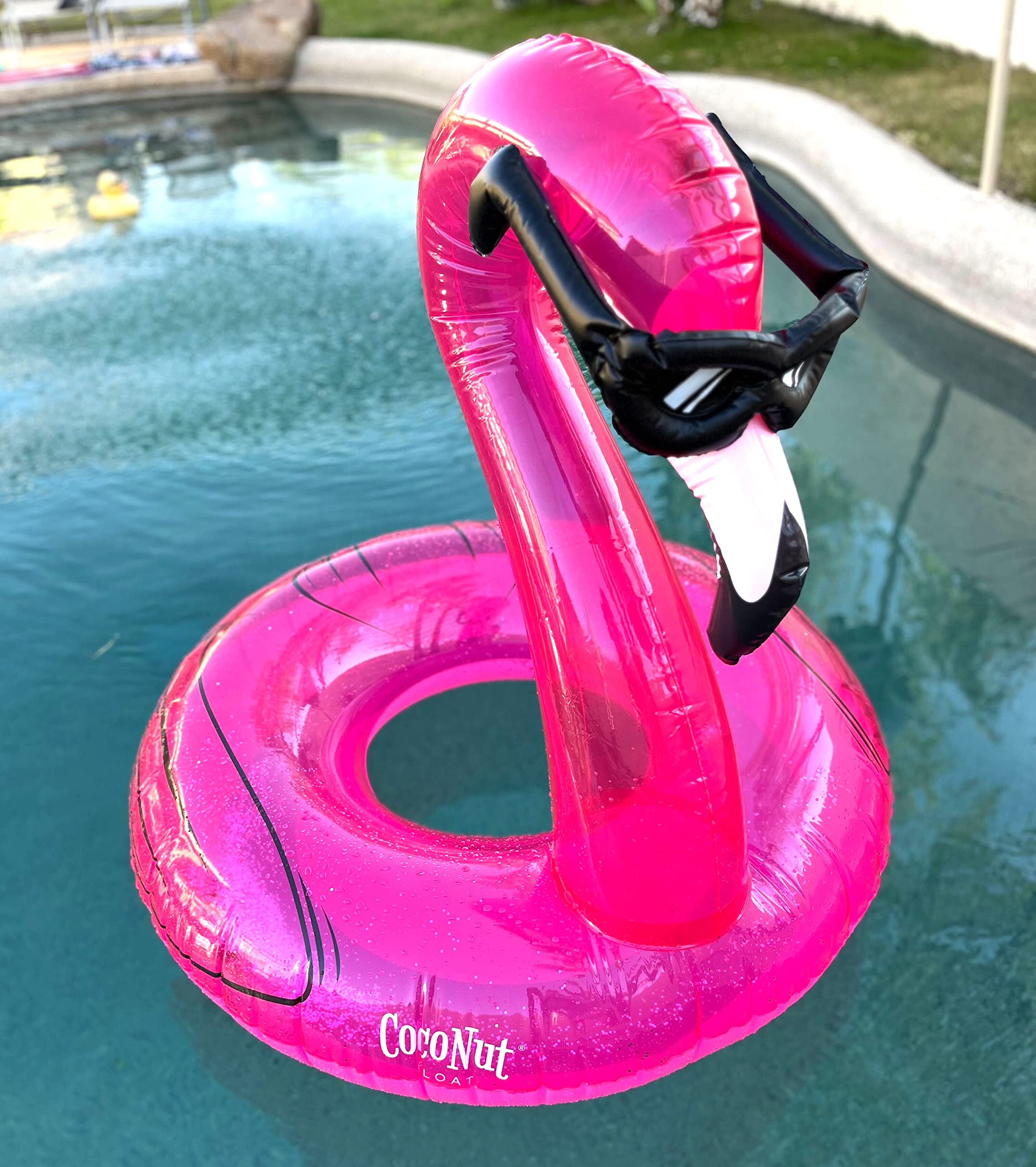 Coconut Outdoor Flamingo with Shades Pool Float – Inflatable Pool Ring for Adults & Kids – Durable Lounge Tube, Summer Water Toy – Fun Flamingo Decor for Pool Parties, Beach Vacations, Backyard Gatherings – Ages 8+ Years