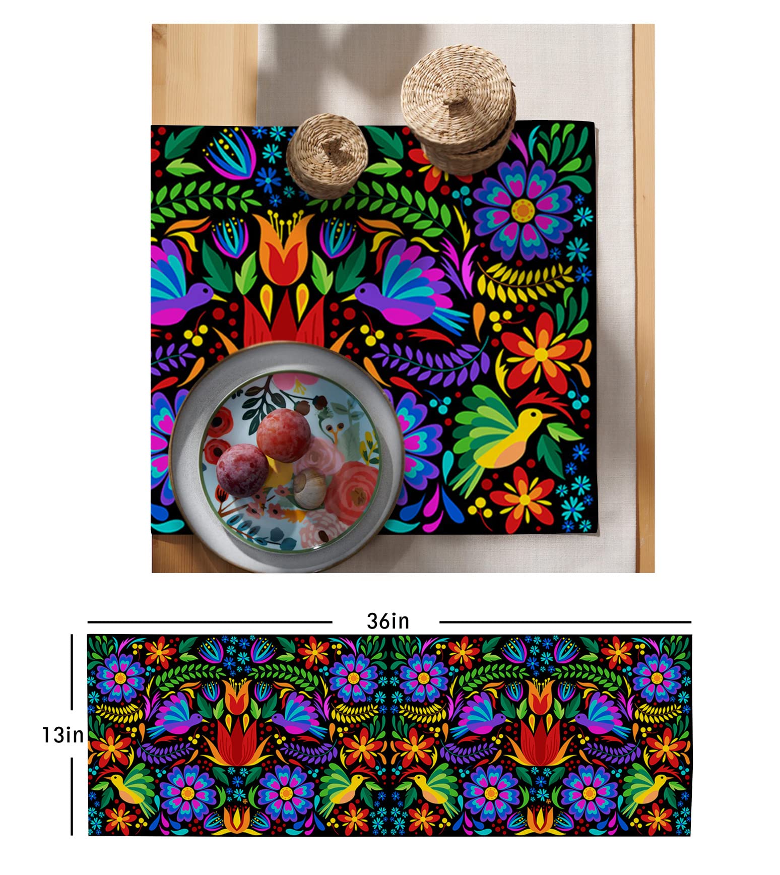 Vibrant Mexican Table Runners 36 Inches - Cotton Linen Blend Abstract Floral Bird Ethnic Design - Perfect for Kitchen Island, Dining Table, Bedside Dresser, and Home Decor (13