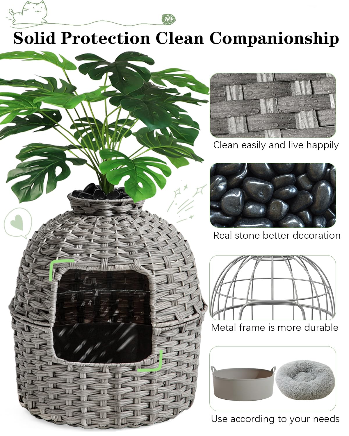 Hidden Cat Litter Box Enclosure with Artificial Plants - Handwoven Rattan Furniture Cover for Discreet Cat Toilet in Living Room | Stylish Home Decor for Pet Owners (Gray)
