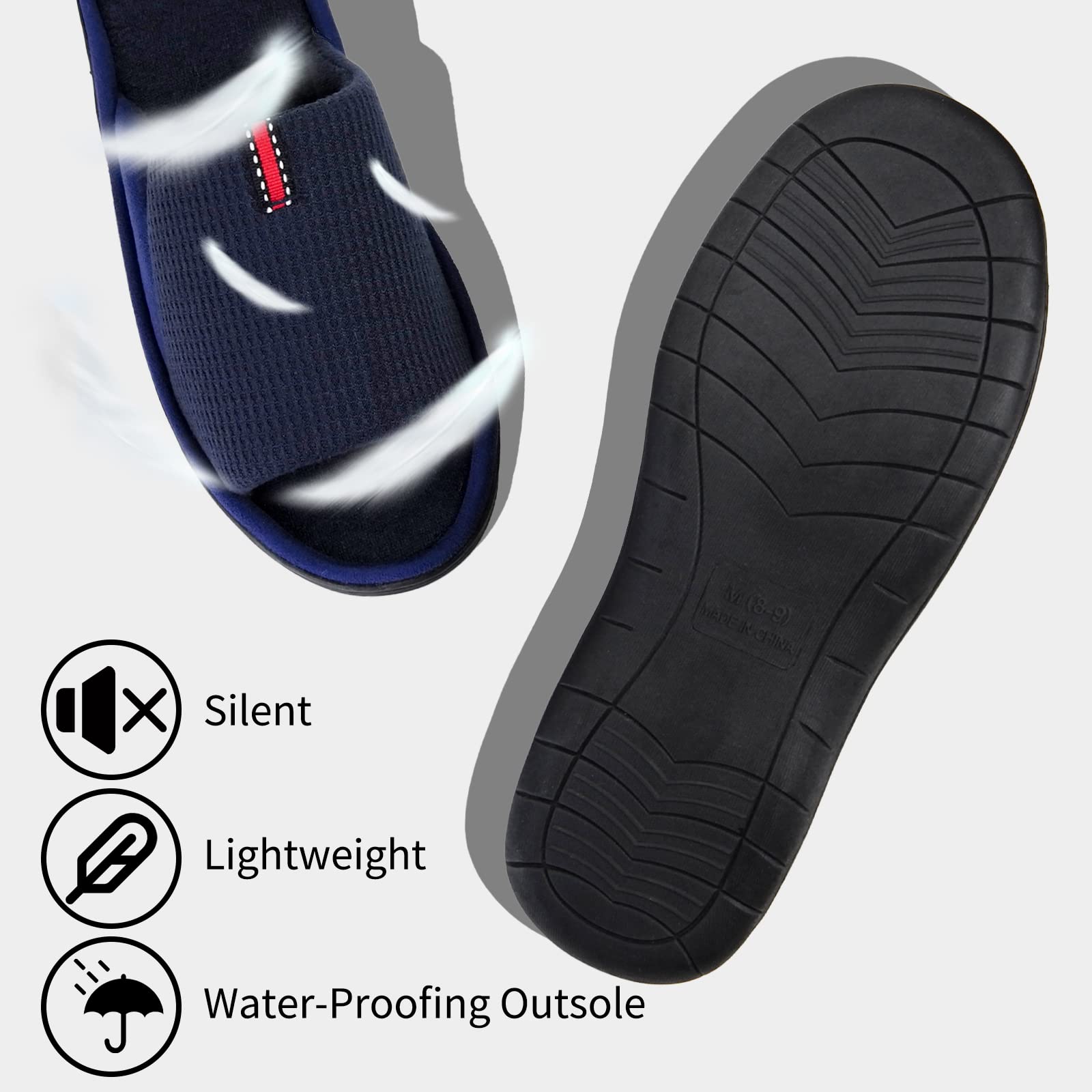 WALKFUN Men's Lightweight Open-Toe Memory Foam House Slippers - Soft Indoor Slides & Sandals for Bedroom, Patio - All-Season Comfort for Relaxation at Home