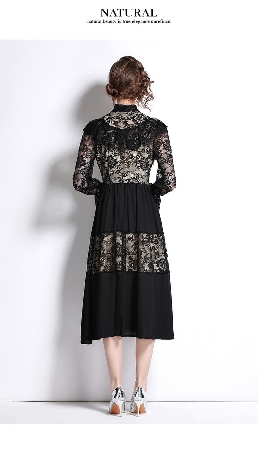 Elegant Black Lace Dress with Bow Tie Collar - Hepburn Style Little Black Evening Dress for Women | Perfect for Cocktail Parties, Date Nights & Formal Events