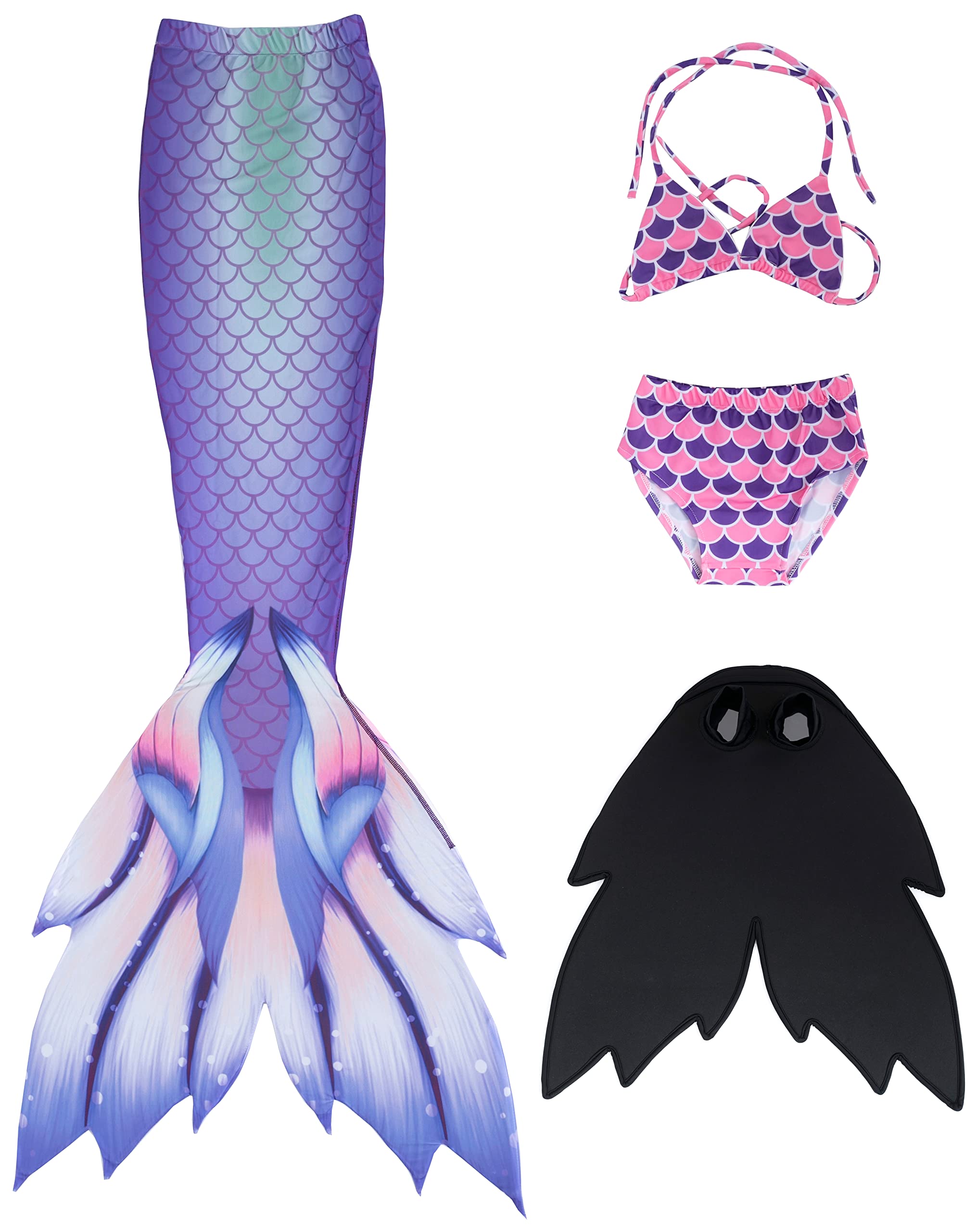 Mermaid Tail Swim Set for Girls with Monofin & 4-Piece Bikini - Ages 3-12 | Perfect for Pool Parties, Beach Vacations & Underwater Photography