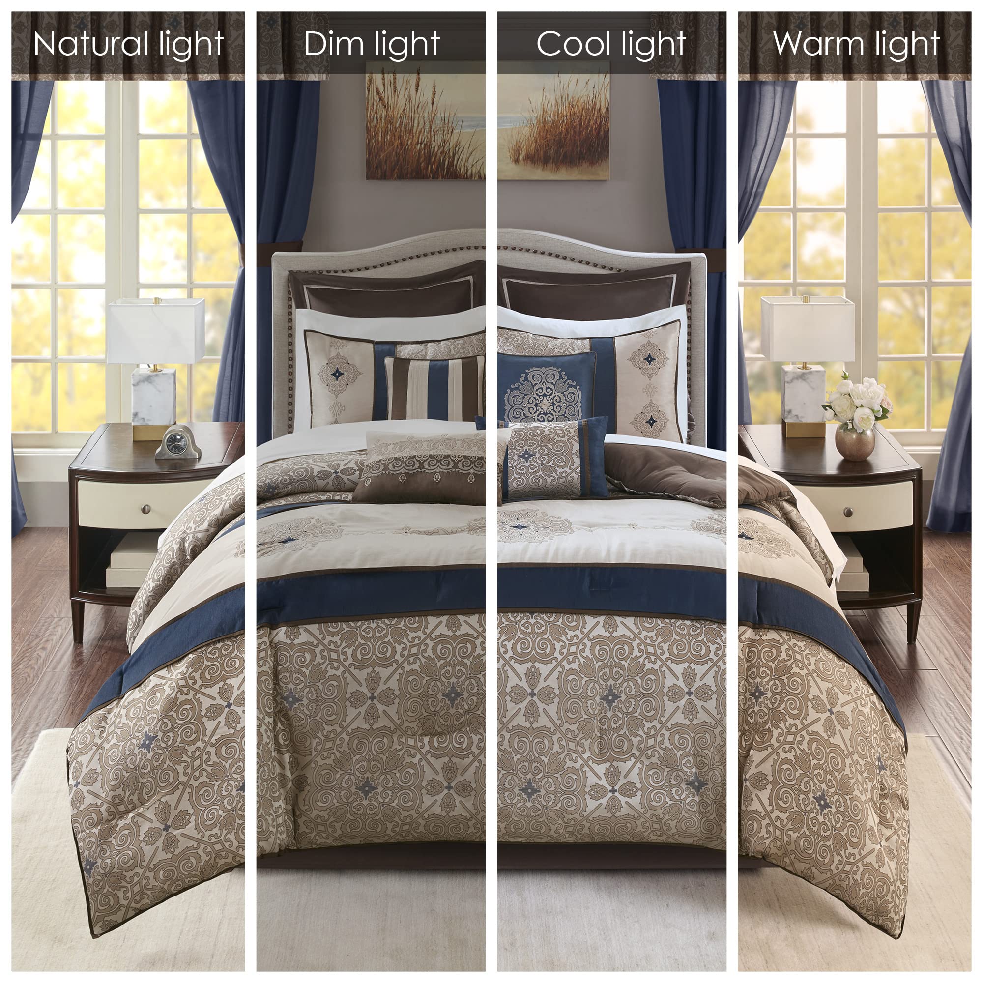 Madison Park Essentials Delaney 24-Piece Luxury Bedding Set - Satin Jacquard Comforter, Sheets, Decorative Pillows & Curtains - All Season King Size (104