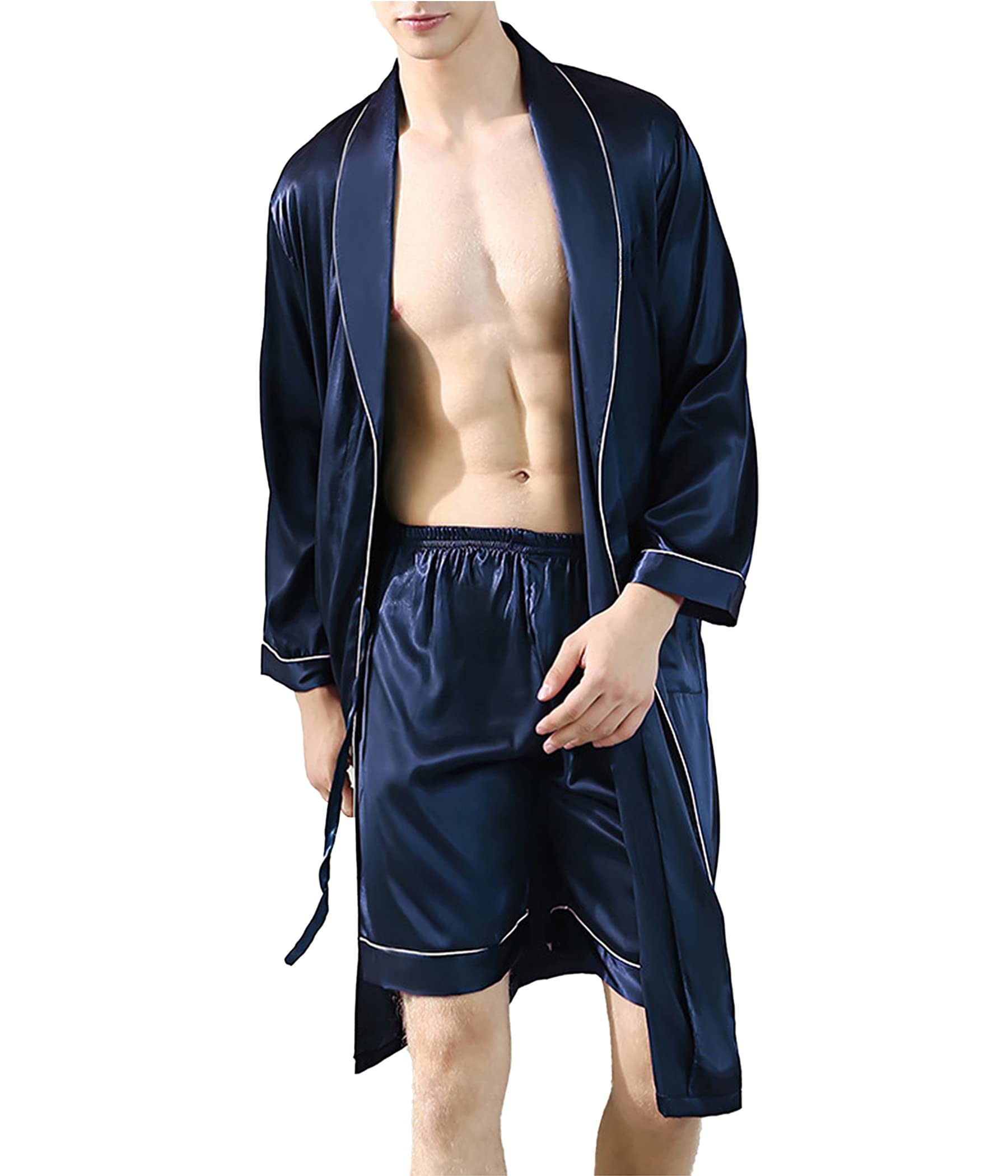 2-Pack Men's Silk-Like Bathrobe & Shorts Set - Long Sleeve Kimono Cardigan for Home, Spa & Lounge Wear - Soft Bath Gown & Nightwear for Men