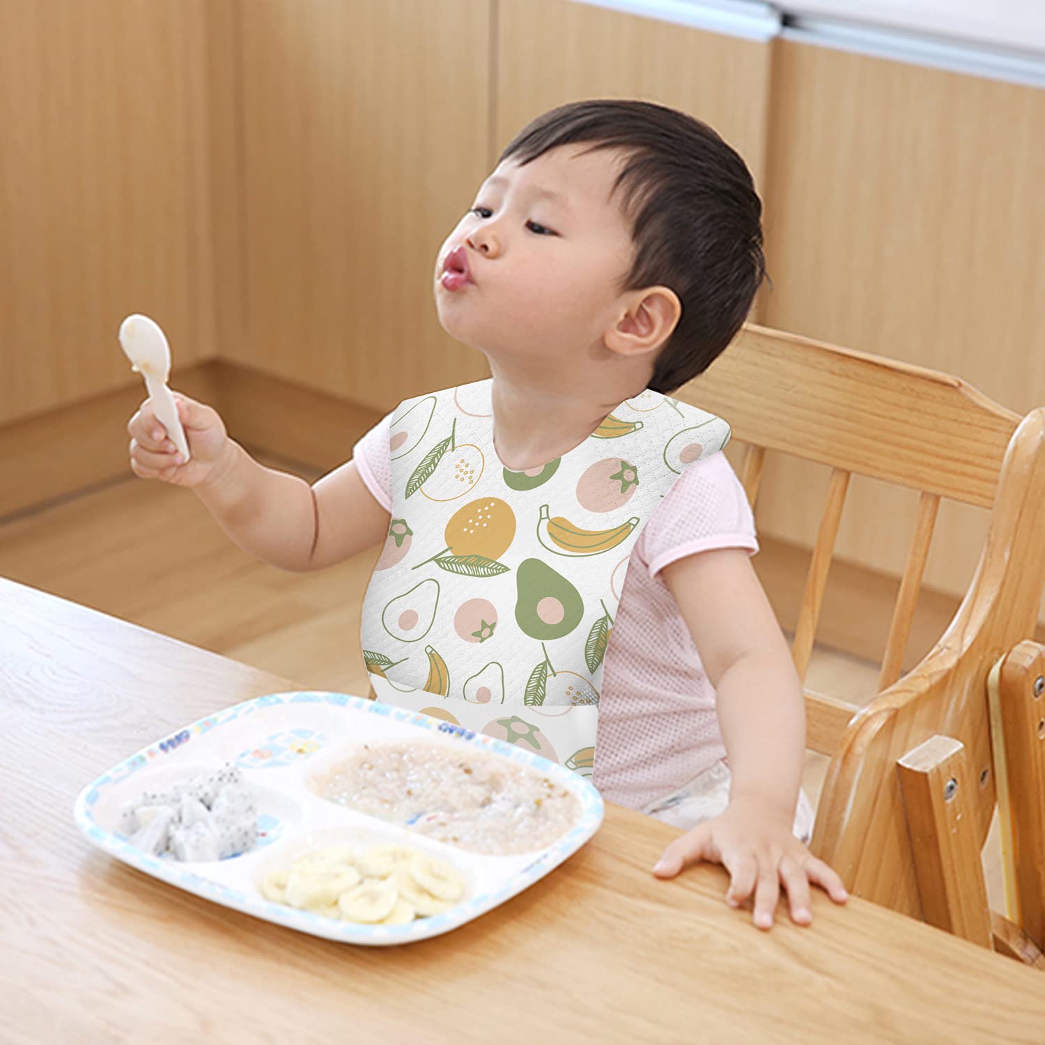 Soft & Leakproof Disposable Baby Bibs for Toddlers - 60 Pack Fruit Pattern Travel Feeding Bibs - Perfect for On-the-Go Meals, Daycare & Family Outings