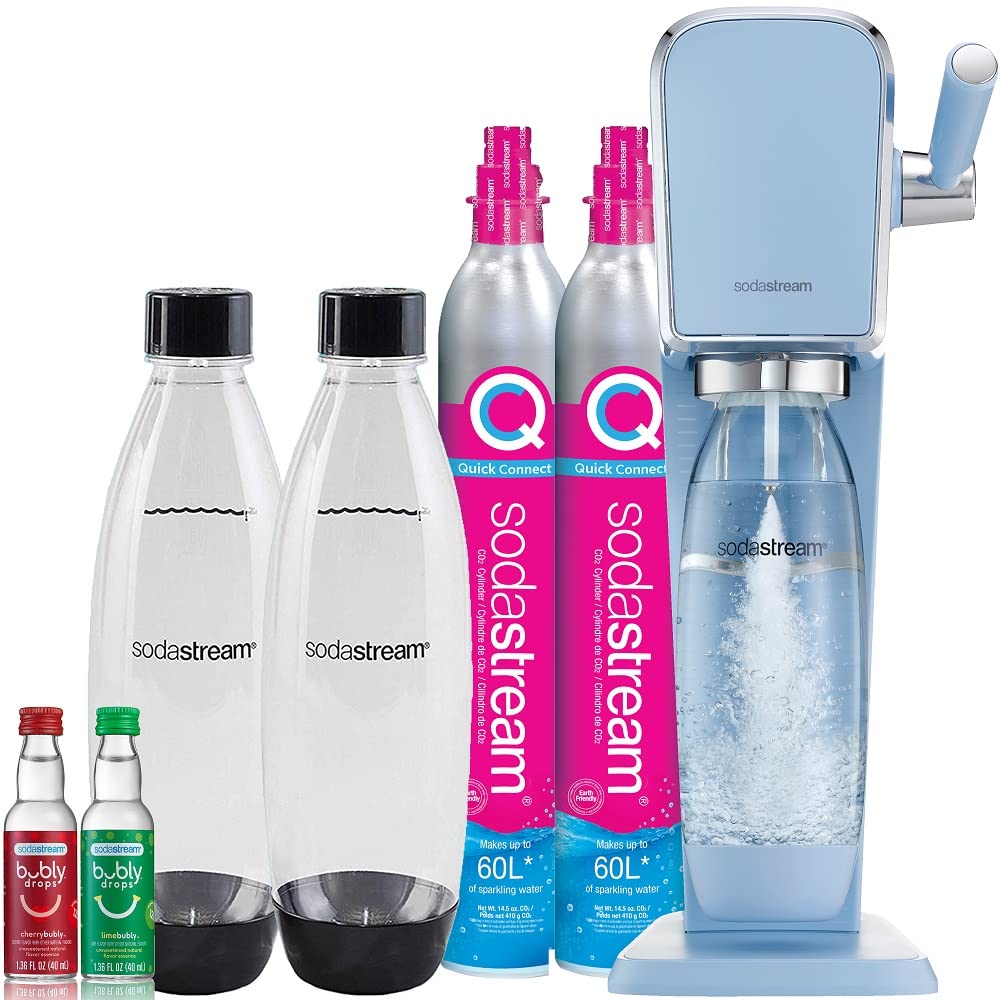SodaStream Art Sparkling Water Maker Kit - Misty Blue Edition with CO2 Cylinder, DWS Bottles & Bubly Drops Flavor Variety Pack | Make Fresh Sparkling Water at Home for Parties, Office or Healthy Hydration