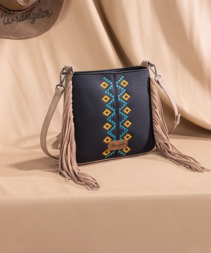 Wrangler Aztec Embroidered Fringe Crossbody Bag for Women - Boho Chic Handbag Perfect for Music Festivals & Everyday Use
