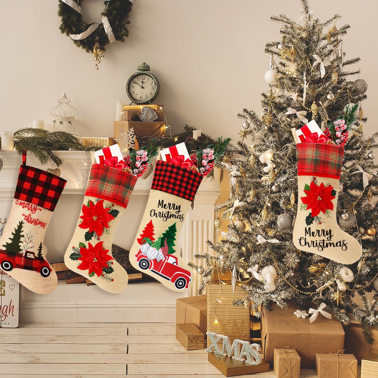 Skylety 4-Piece 18-Inch Plaid Burlap Christmas Stockings Set - Santa Claus & Holiday Flower Print Xmas Stockings for Fireplace Decor, Gift Exchange & Festive Home Decoration | Perfect for Christmas Tree, Mantel & Holiday Party Decorating