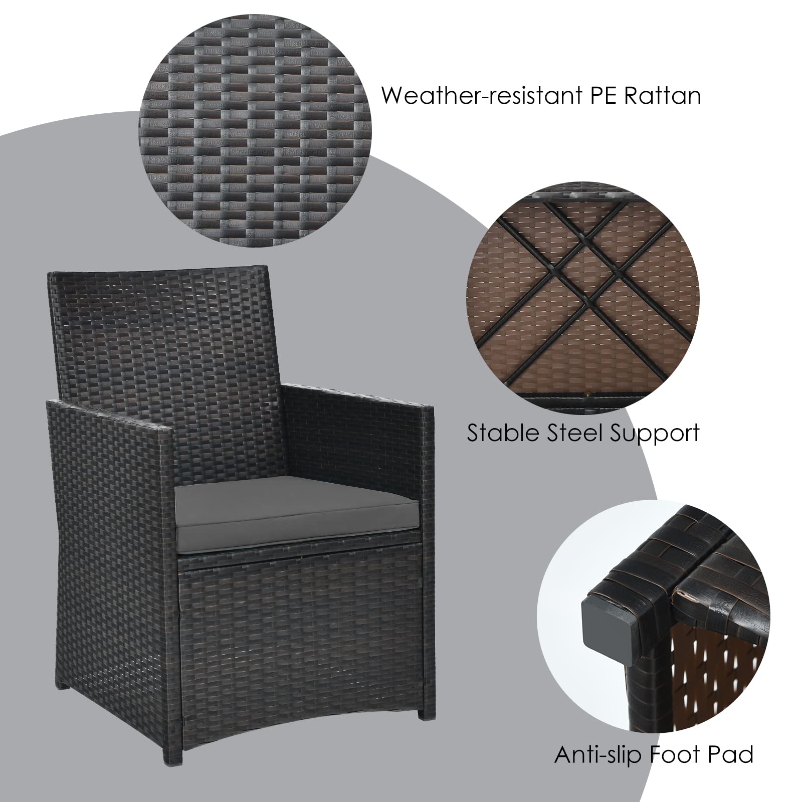 HappyGrill 3-Piece Outdoor Wicker Bistro Set - PE Rattan Dining Table with Cushioned Chairs, Patio Conversation Furniture for Backyard, Porch, Garden & Poolside - Perfect for Outdoor Dining & Relaxing