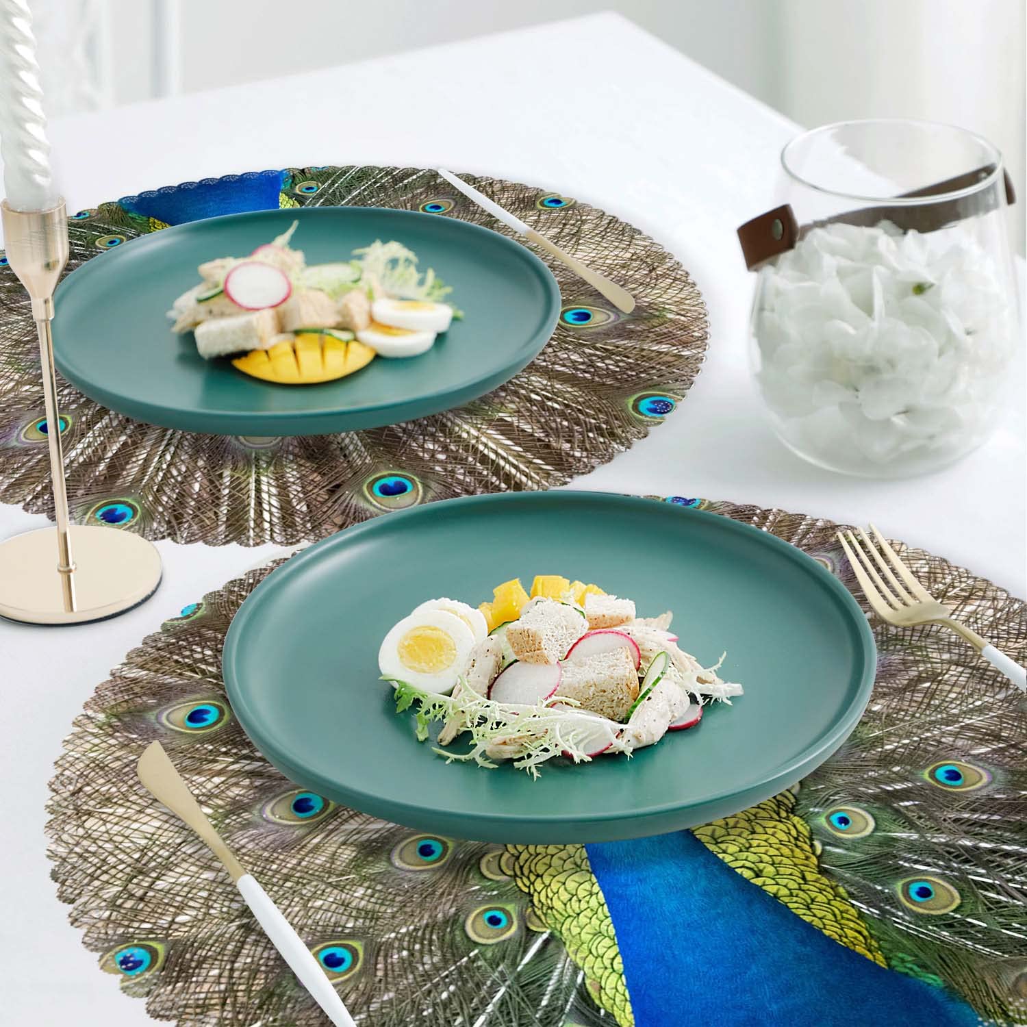 Round Heat-Resistant Washable Polyester Placemats Set of 4 - Peacock Design for Kitchen & Dining Table Decor | Perfect for Everyday Meals, Dinner Parties, and Holiday Gatherings