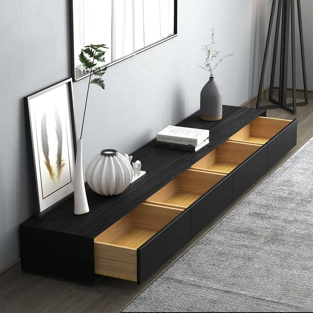 Modern Black Rectangular TV Stand Wood Media Console with 4 Drawers for TVs Up to 88