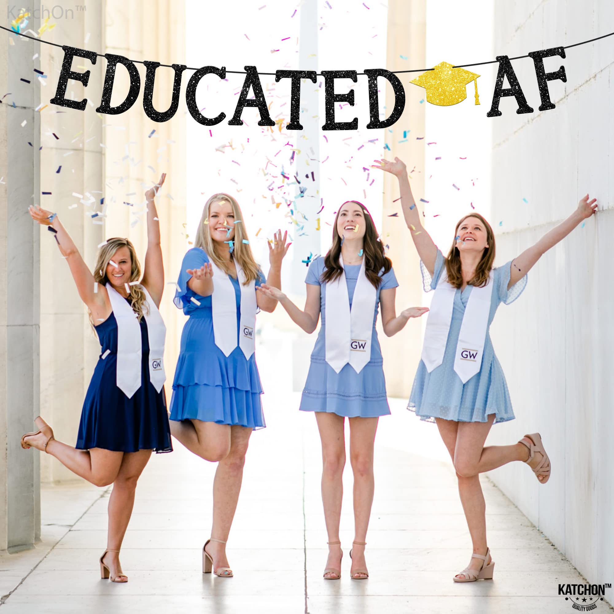 KatchOn Glitter Black 'Educated AF' Graduation Banner - 10ft Ready-to-Hang | Class of 2025 Graduation Party Decor | Funny Graduation Sign for High School & College Celebrations | Perfect for Graduation Photos, Wall Decor & Party Backdrops