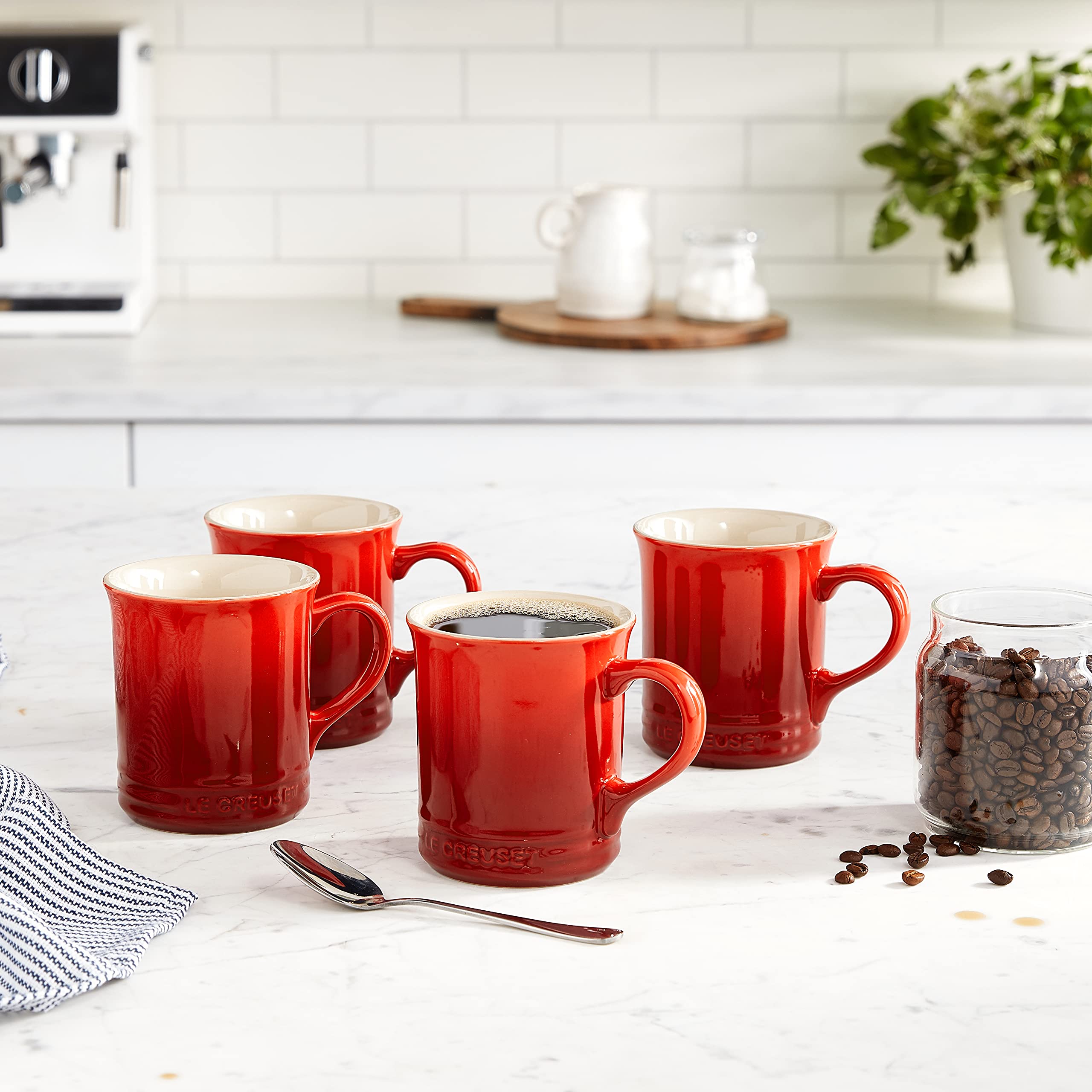 Le Creuset 14 oz Stoneware Mugs Set of 4 - Cerise Red - Durable Ceramic Coffee Cups for Home, Office & Gifts - Perfect for Hot Beverages, Tea & Cocoa