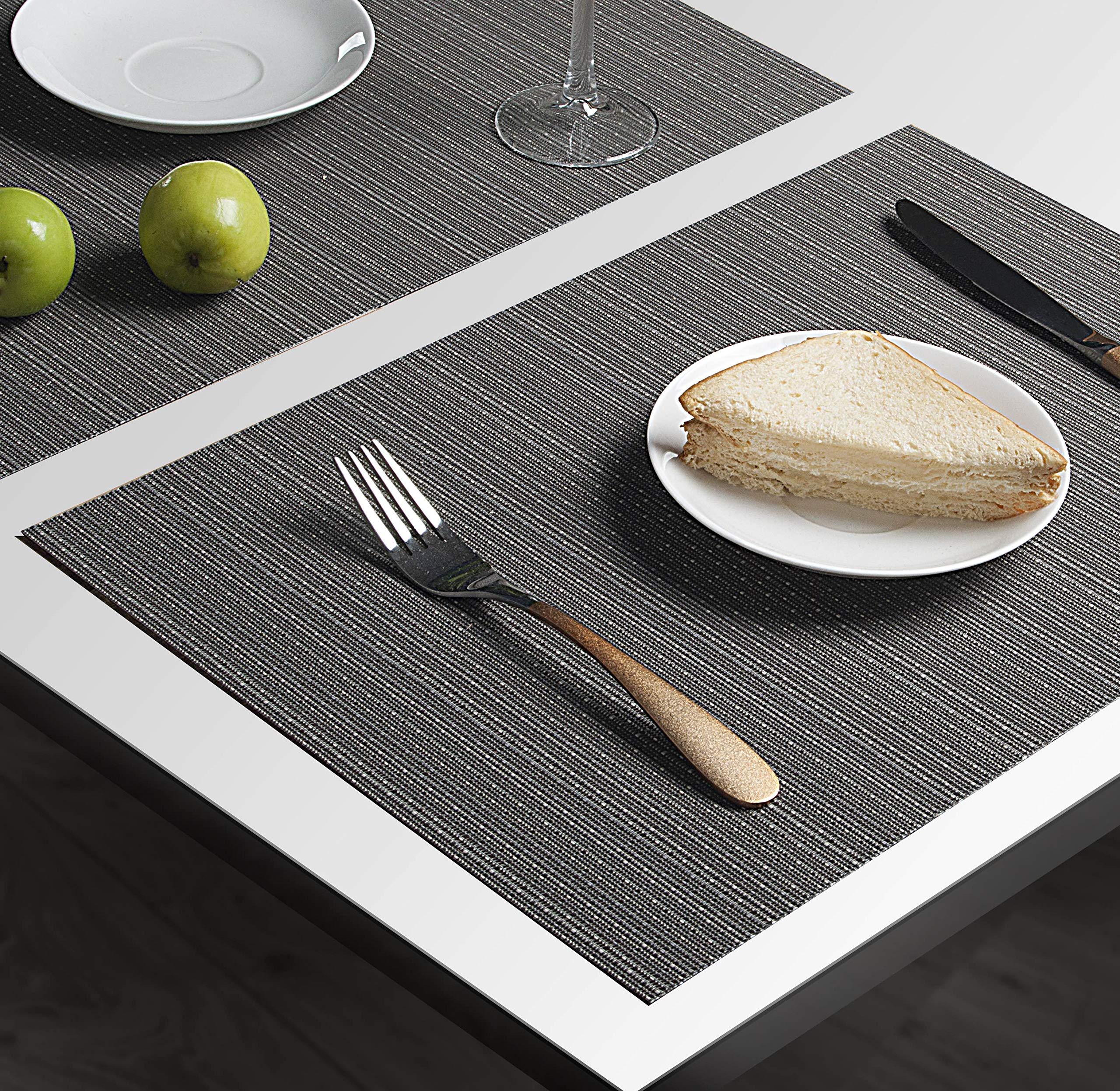 Myir JUN Set of 8 Non-Slip Heatproof Woven Placemats - Washable PVC Table Mats for Dining, Kitchen & Indoor Use (Dark Gray) - Perfect for Everyday Meals, Dinner Parties & Home Decor