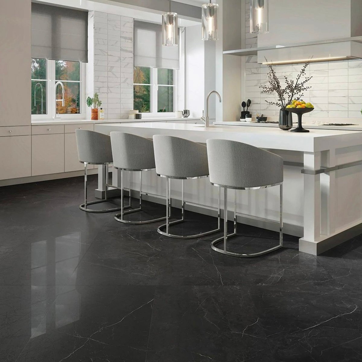 12 x 24 Inch Nero Venato Polished Rectified Glazed Porcelain Wall Tile - Premium Black Marble Look for Bathroom, Kitchen Backsplash & Flooring
