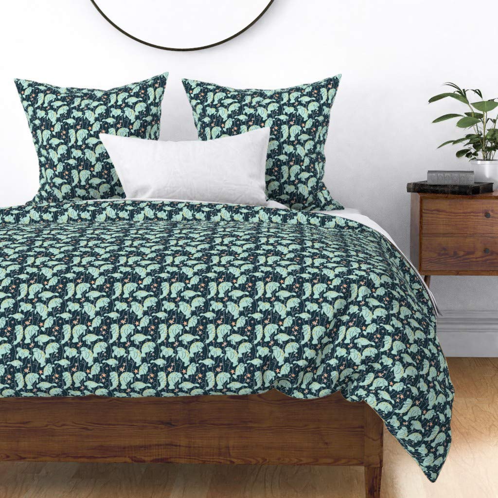 Custom Manatee Sea Cow Mermaid Print Cotton Sateen Duvet Cover King/California King Size - Ocean Starfish Nautical Nursery Bedding for Gender Neutral Kids Room & Coastal Themed Bedroom Decor