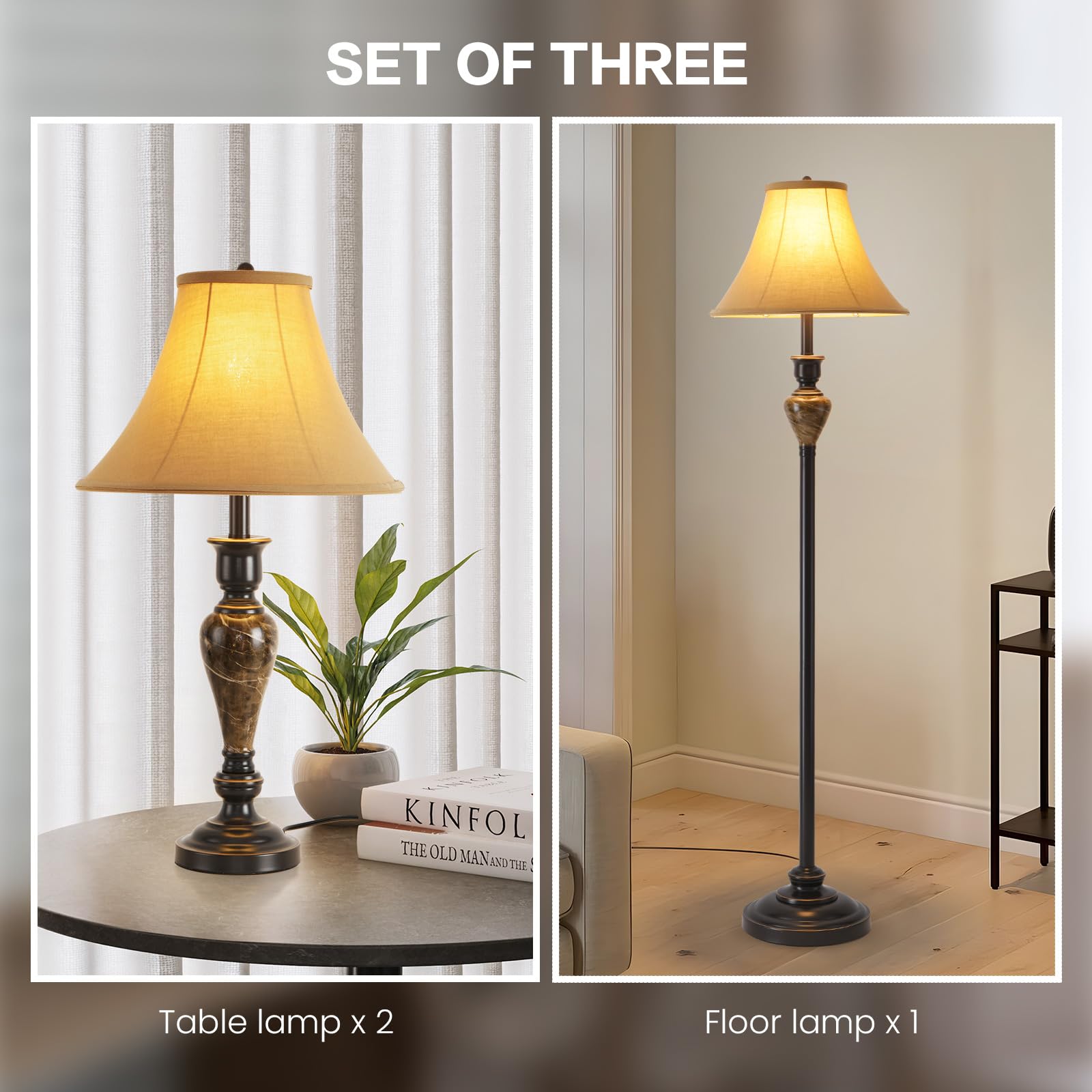 Vintage 3-Piece Living Room Lamp Set - Table Lamp & Floor Lamp with Stable Iron Base & Brown Fabric Shade - Perfect for Bedroom, Reading Nook, Home Office & Cozy Living Spaces