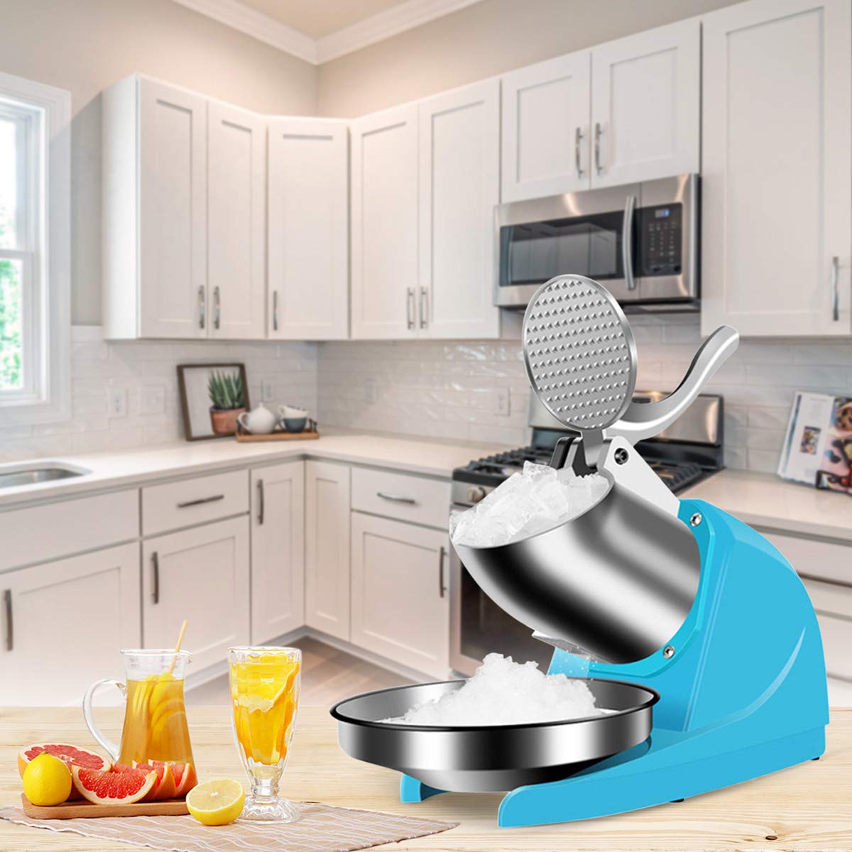RRH 380W Electric Ice Crusher - Stainless Steel Shaved Ice Machine with 3 Blades, 220lbs/hr Snow Cone Maker, 1500r/min Commercial & Home Ice Shaver (Blue) - Perfect for Parties, Bars, Restaurants, and Home Cocktail Making