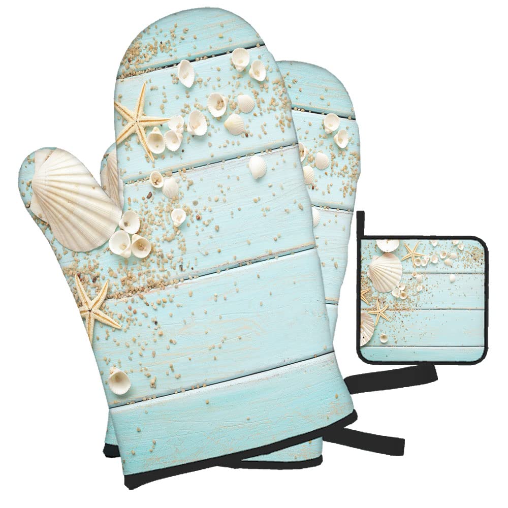 Seashells Design Wooden Background Oven Mitts & Pot Holders Set of 3 - Heat Resistant BBQ Gloves for Kitchen Cooking Baking Grilling - Perfect for Women's Home Cooking & Outdoor BBQ Parties