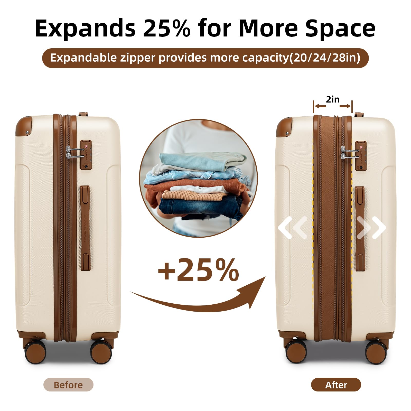 LARVENDER 6-Piece Hardshell Expandable Luggage Set with Spinner Wheels & TSA Lock - Lightweight ABS Travel Suitcases for Women (White/Brown) - Perfect for Family Vacations, Business Trips & International Travel
