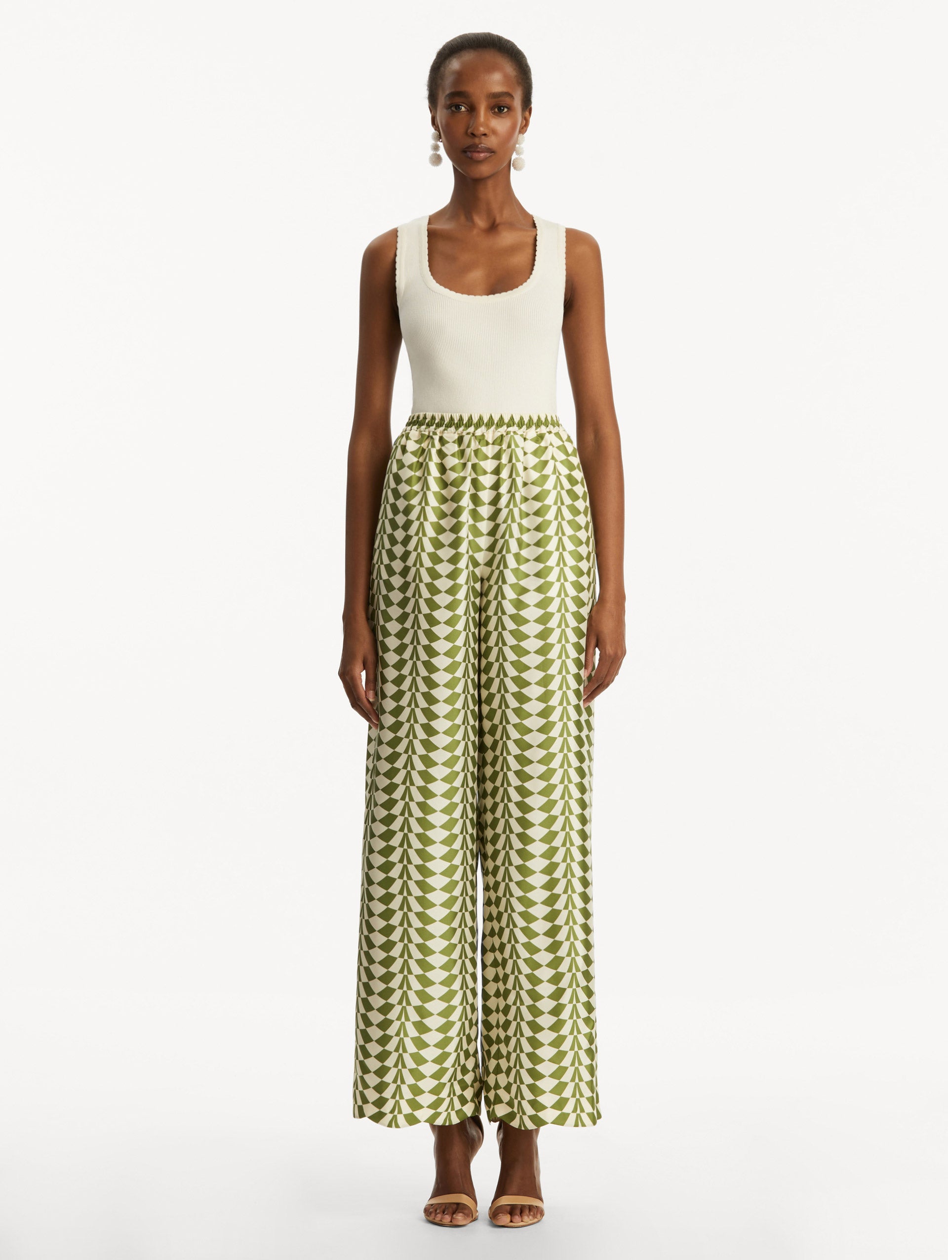 Geo Silk Twill Wide Leg Pants for Women - Comfortable High Waisted Palazzo Pants for Work, Travel & Casual Wear