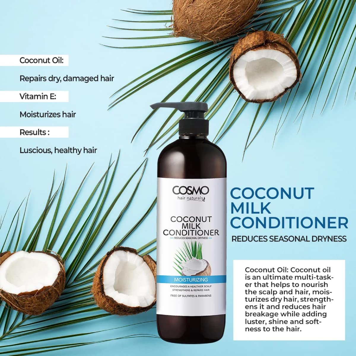 Cosmo Hair Naturals Coconut Milk All Hair Conditioner 250ML - Deep Moisturizing, Strengthening & Repairing Treatment for Dry, Damaged Hair - Perfect for Daily Use & Salon-Quality Results