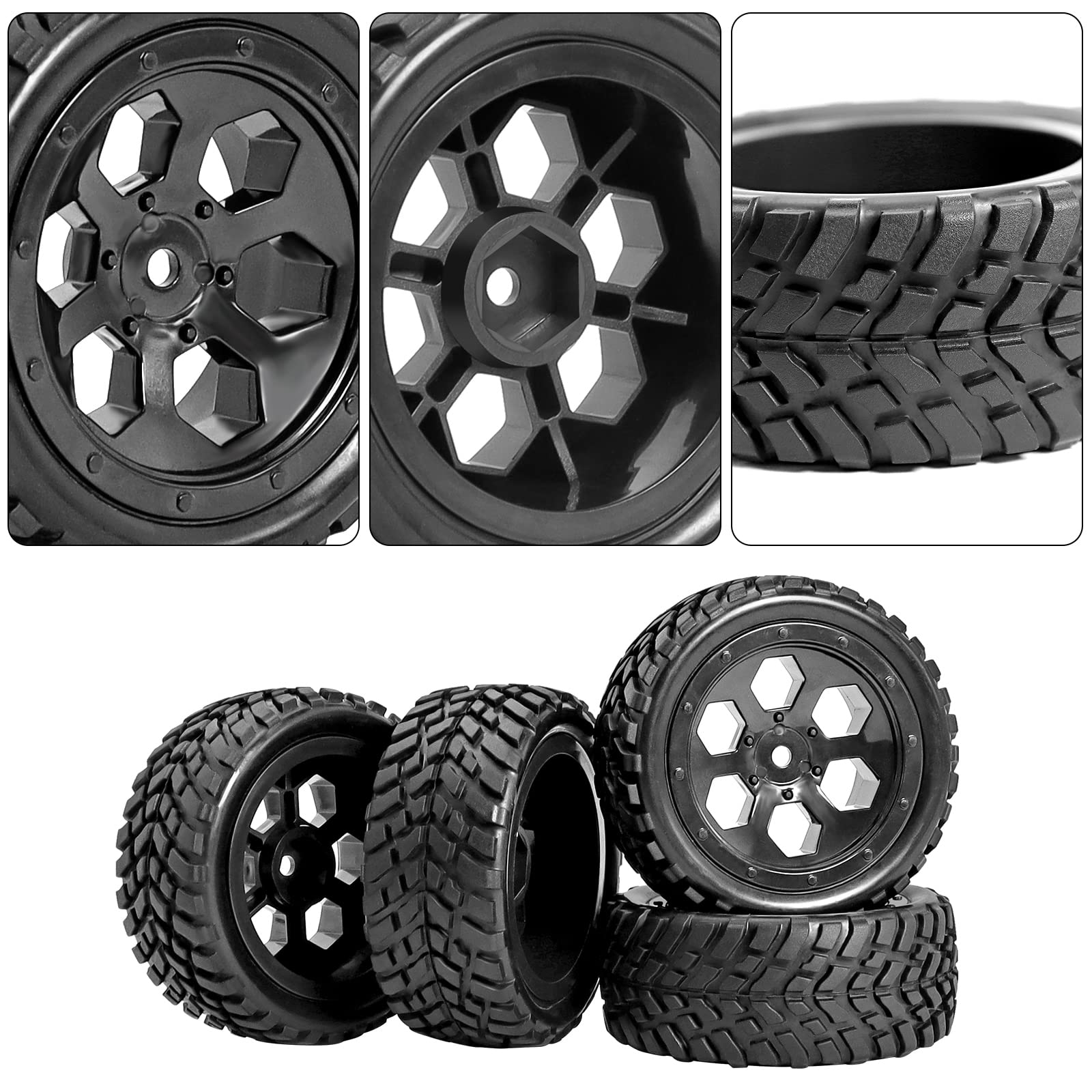 12mm Hex RC Wheels & Tires for Hyper Go H16BM/H14BM - 1/14 & 1/16 Scale Pre-Glued Off-Road Tires with Foam Inserts - Compatible with Traxxas, WLtoys 144001 & 1/18 RC Cars - Perfect for Street Racing & Off-Road Bashing