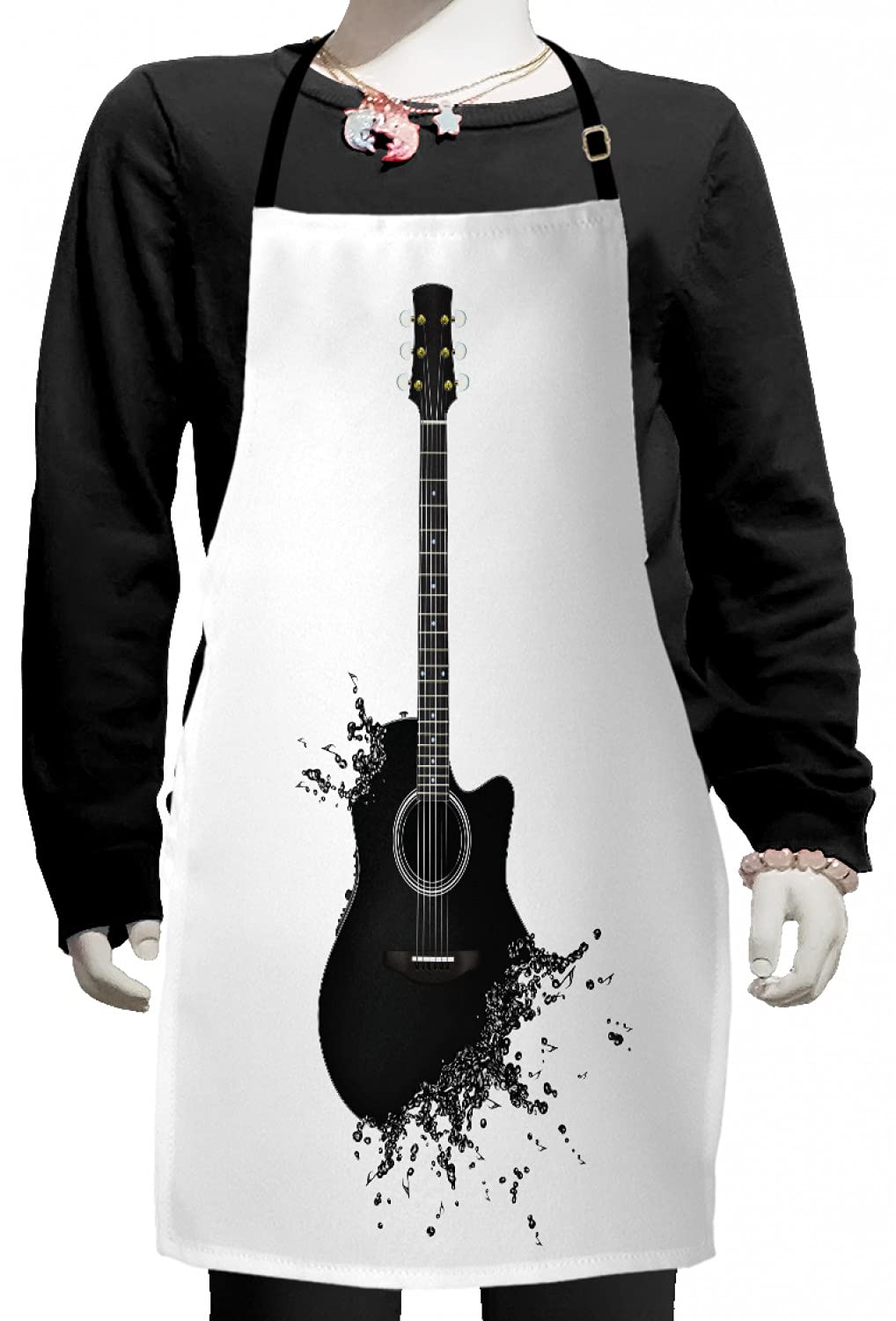 Ambesonne Guitar Apron - Black & White Monochrome Musical Instrument Design with Strings & Acoustic Color Splashes - Adjustable Ties for Baking, Painting & Cooking - Perfect for Musicians, Chefs & Artists