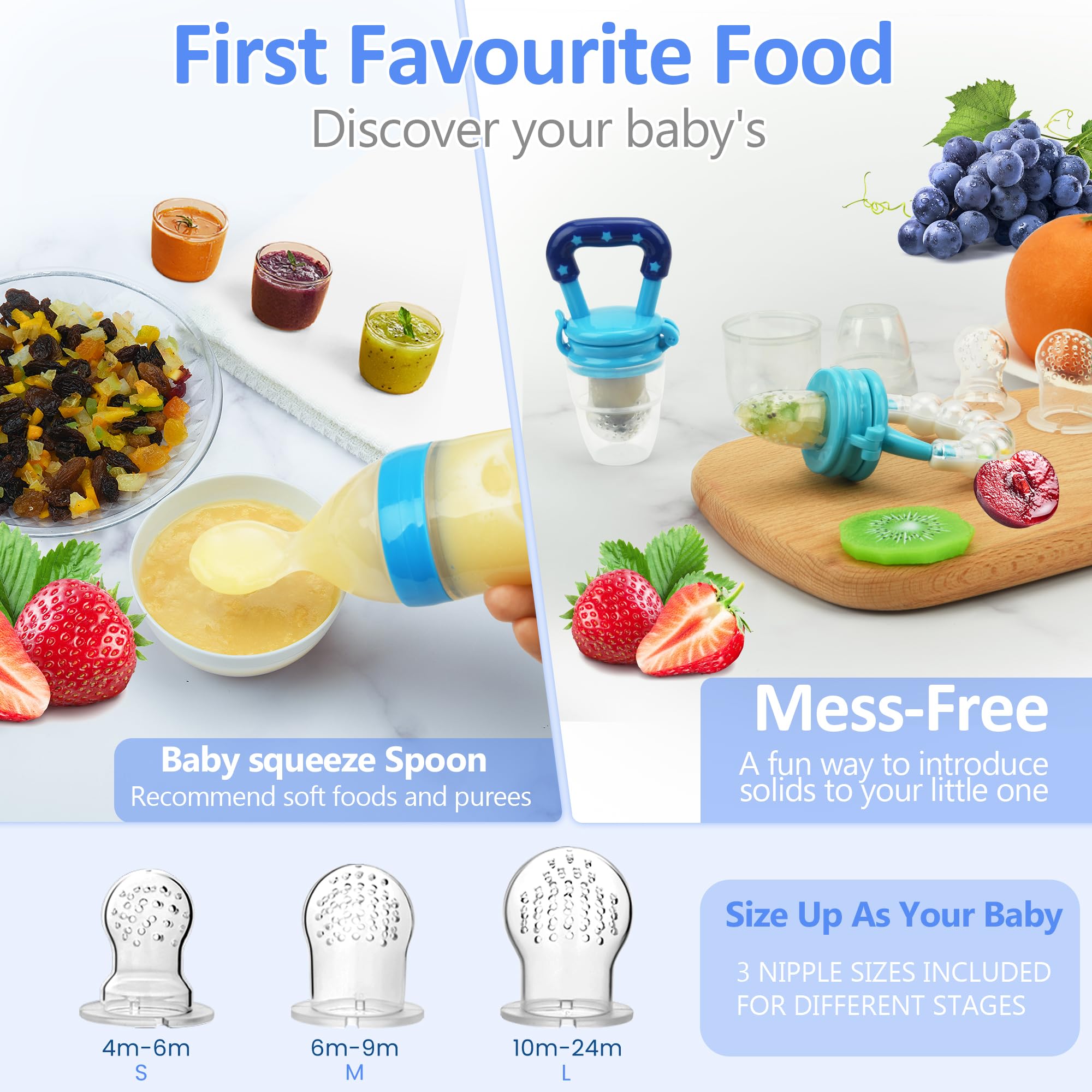 WAJIAYON Baby Fruit Feeder Pacifier - 5 Pack | 2 Silicone Baby Fruit Feeders & 1 Food Dispensing Spoon | Fresh Fruit Teether for Infants | BPA-Free Mesh Feeder for Teething Relief (Blue & Green) | Perfect for On-the-Go Snacking & Soothing Sore Gums