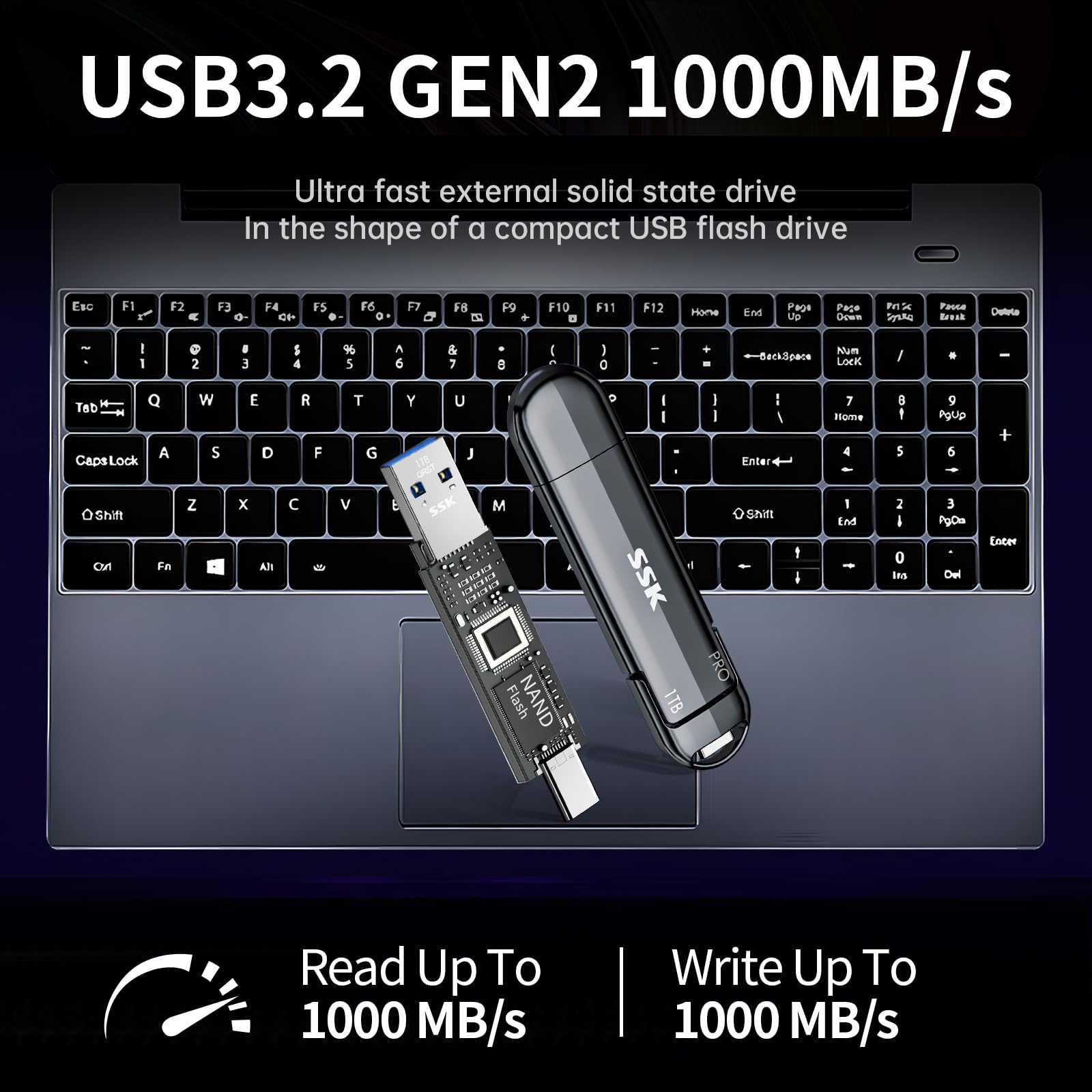 SSK 1TB External SSD Portable Drive - Up to 1000MB/s, USB-C & USB 3.2 Gen 2 - Compatible with iPhone 15, PS4, Android, Windows, Mac - Fast Storage for Gaming, Photography & Office Work