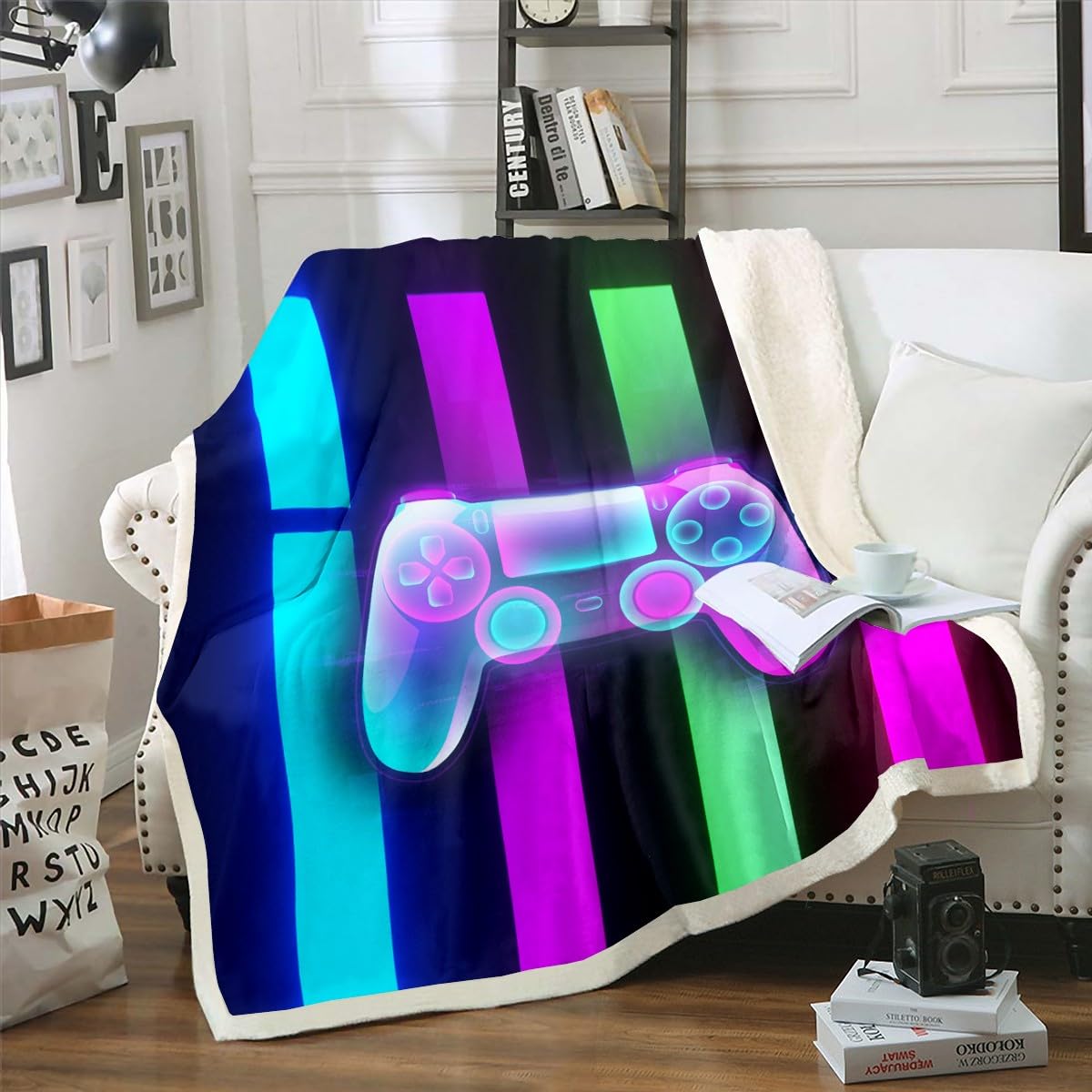 Boys Gamepad Blanket - Soft Fleece & Sherpa Gamer Throw for Kids, Girls & Teens - Chic Purple, Blue & Black Gaming Blanket 60