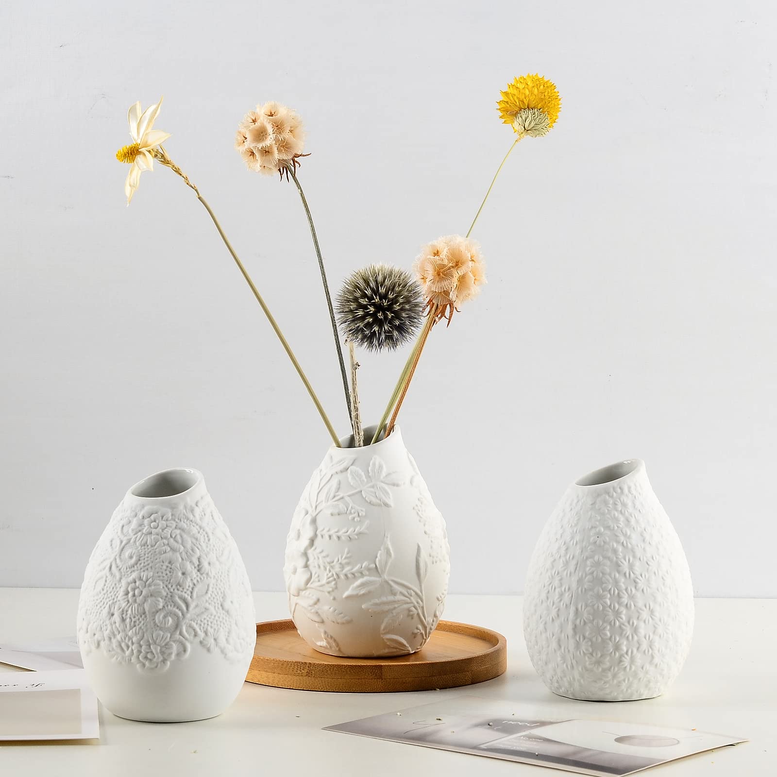 Small White Ceramic Vase Set of 3 - Embossed Pattern Mini Bud Vases for Home Decor, Table Centerpieces, Boho Pampas Grass Arrangements & Modern Natural Style - Perfect for Living Room, Wedding Decor & Farmhouse Aesthetic