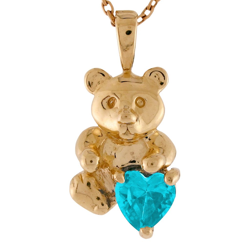 10K Gold Heart Simulated Aquamarine March Birthstone Floating Charm Jewelry - Cute Bear Pendant for Necklace, Gift for Women, Birthday, Anniversary & Special Occasions