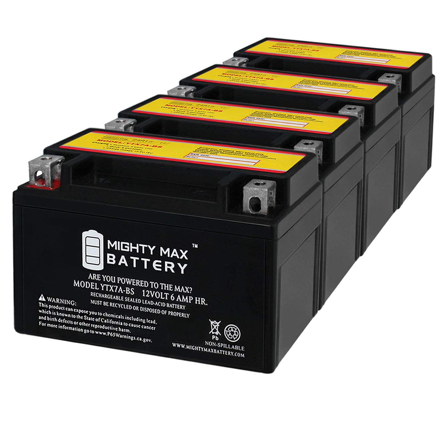 Mighty Max YTX7A-BS Replacement Battery 12V 6Ah - 4 Pack for Chrome Pro, Powersports, ATV, Motorcycle & Scooter - Long Lasting Performance