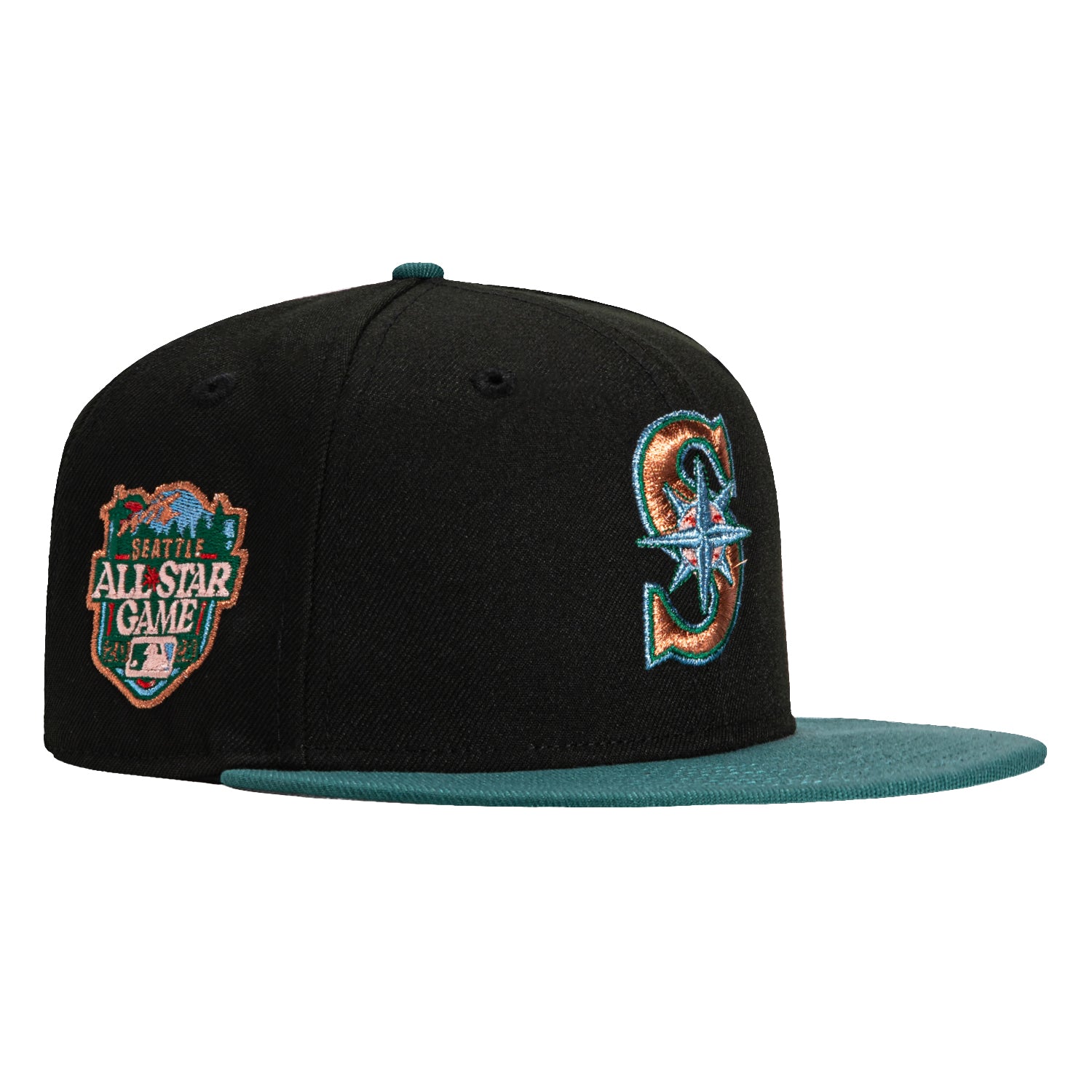 New Era 59Fifty Seattle Mariners 2023 All Star Game Patch Baseball Cap - Black, Green, Metallic Copper, Light Blue - Official MLB Hat for Fans, Sports Enthusiasts & Streetwear Fashion