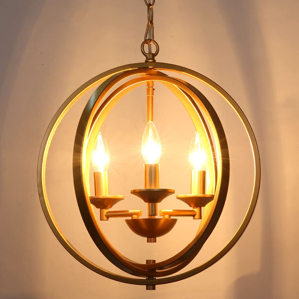 3-Light Gold Orb Chandelier - Modern Globe Pendant Light Fixture for Dining Room, Living Room, Bedroom | Elegant Lighting for Hallway, Stairwell & Foyer | Perfect for Home Decor, Wedding Venues & Luxury Interiors